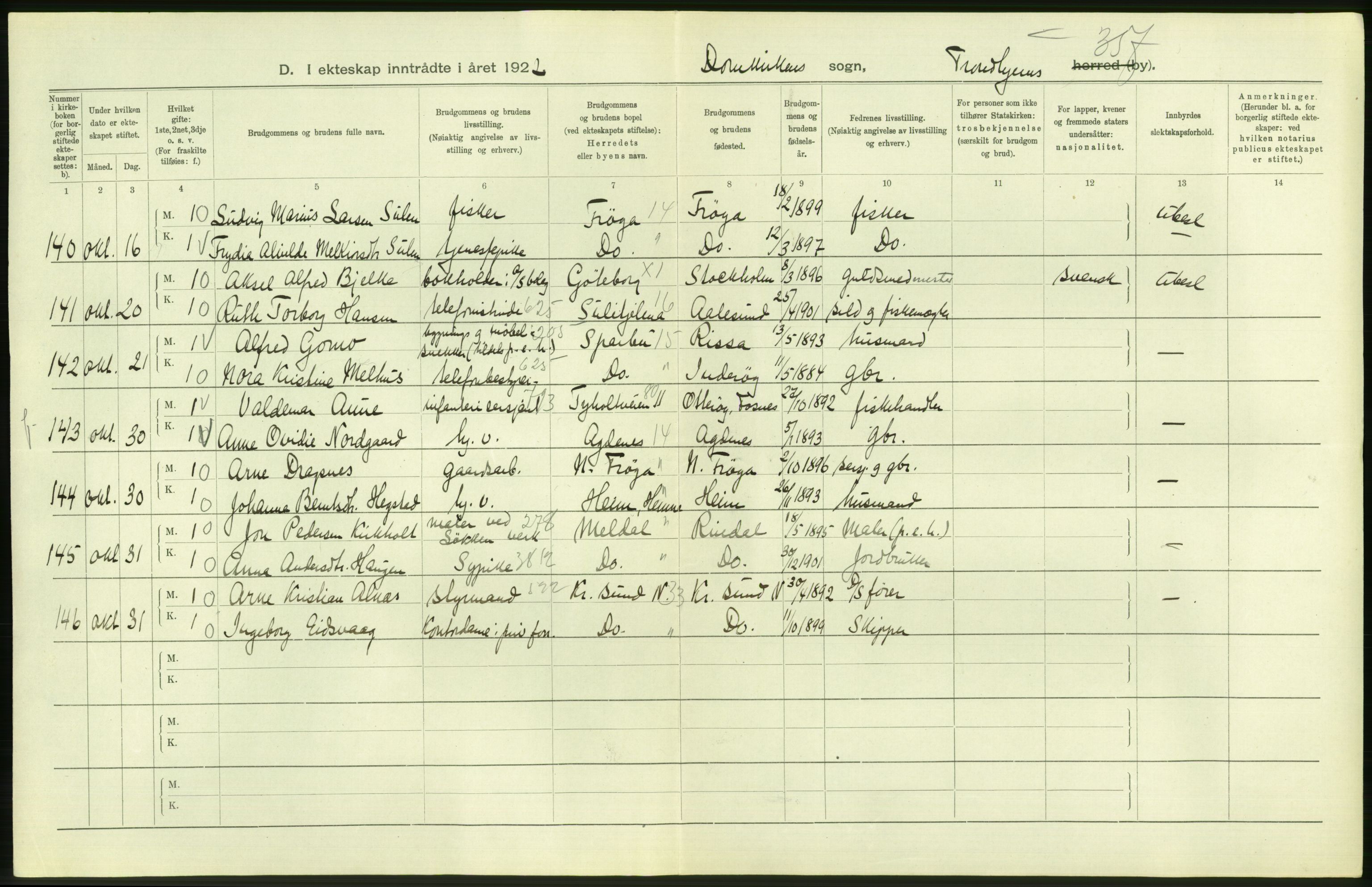 Statistisk sentralbyrå, Sosiodemografiske emner, Befolkning, AV/RA-S-2228/D/Df/Dfc/Dfcb/L0040: Trondheim: Gifte, døde, dødfødte., 1922, p. 40