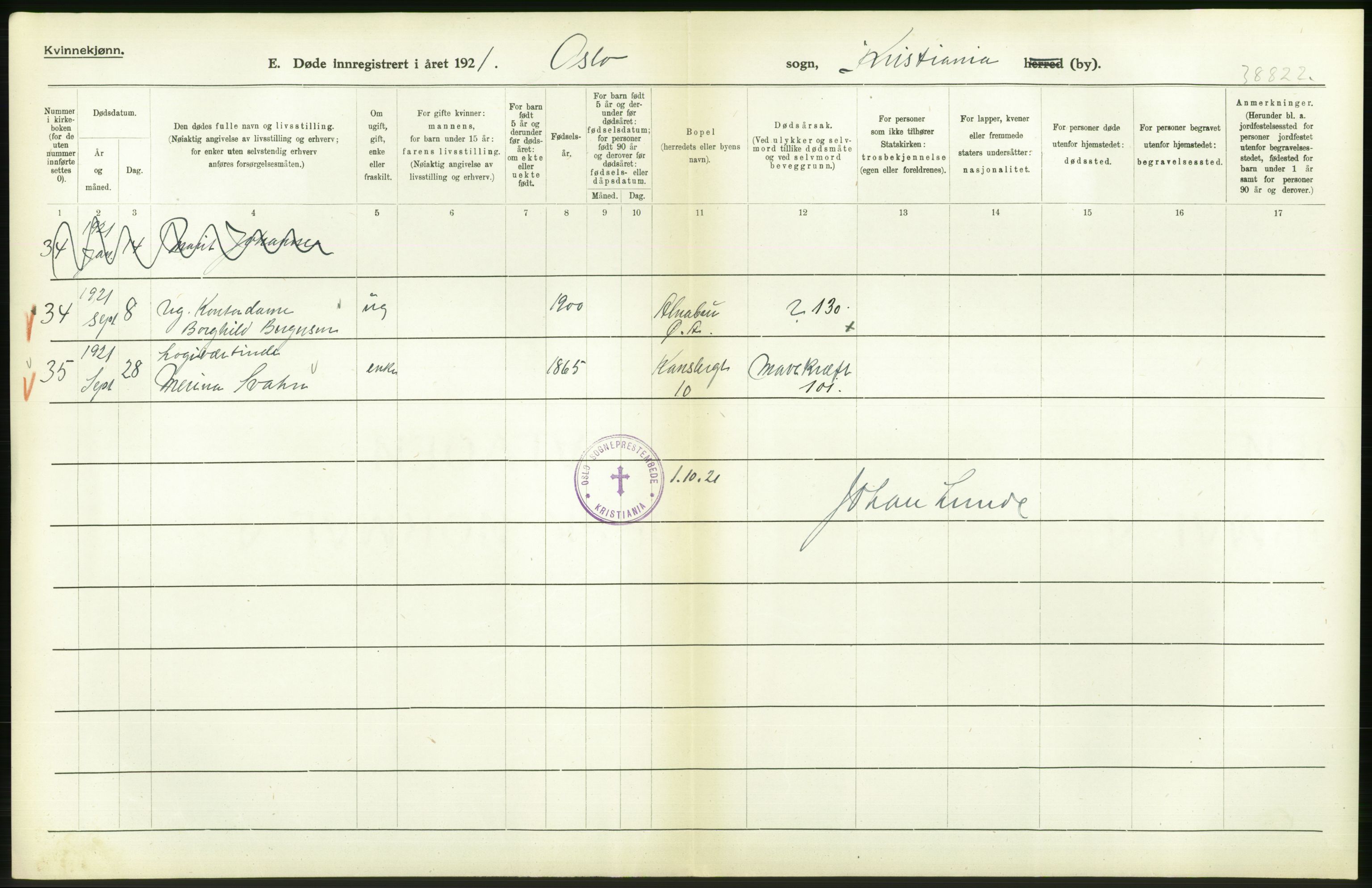 Statistisk sentralbyrå, Sosiodemografiske emner, Befolkning, AV/RA-S-2228/D/Df/Dfc/Dfca/L0013: Kristiania: Døde, dødfødte, 1921, p. 338