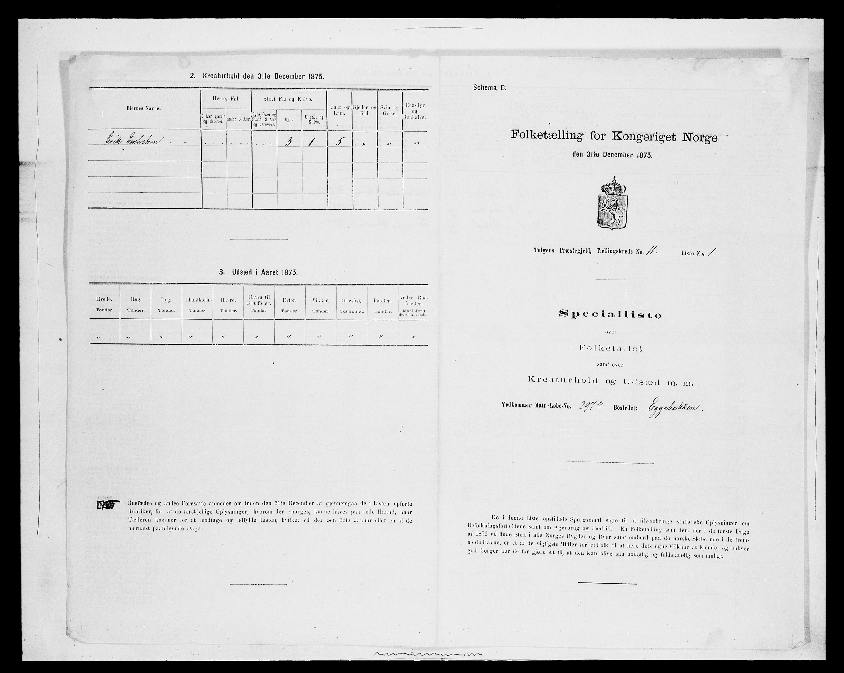 SAH, 1875 census for 0436P Tolga, 1875, p. 1085