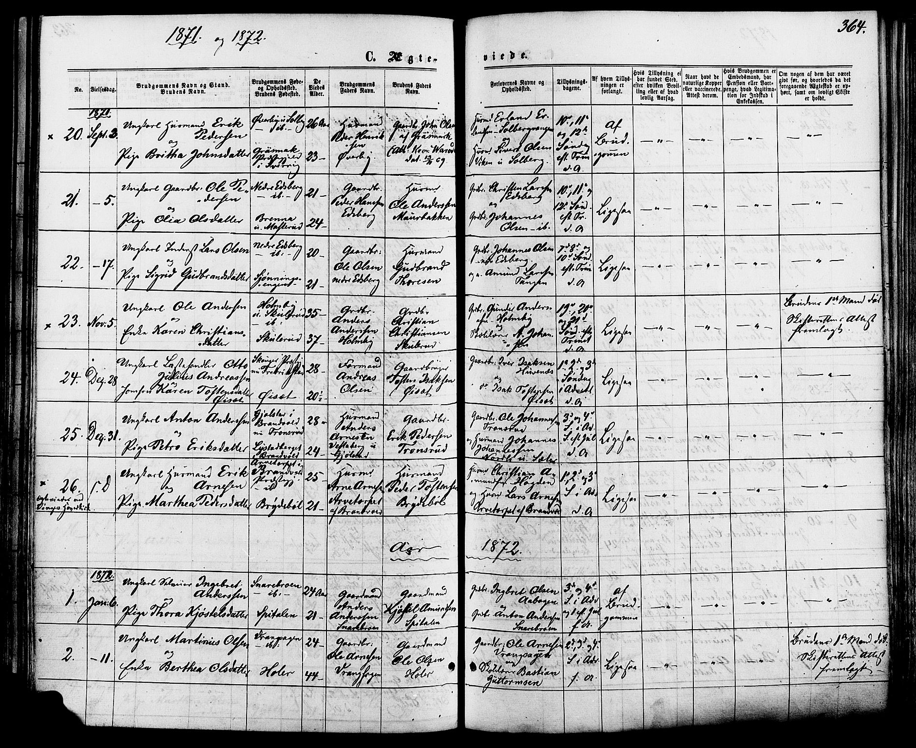 Vinger prestekontor, SAH/PREST-024/H/Ha/Haa/L0012: Parish register (official) no. 12, 1871-1880, p. 364