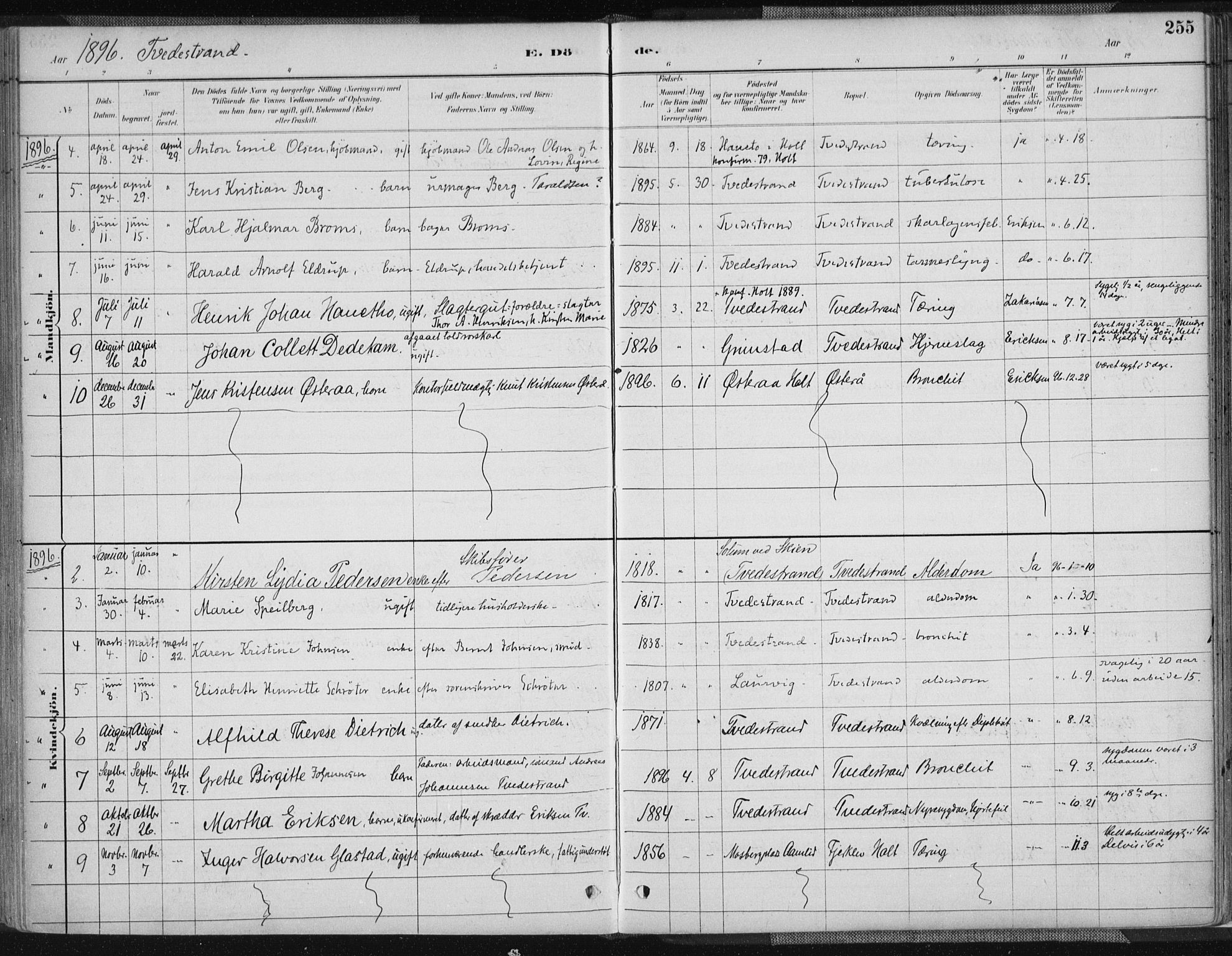 Tvedestrand sokneprestkontor, AV/SAK-1111-0042/F/Fa/L0001: Parish register (official) no. A 1, 1885-1916, p. 255