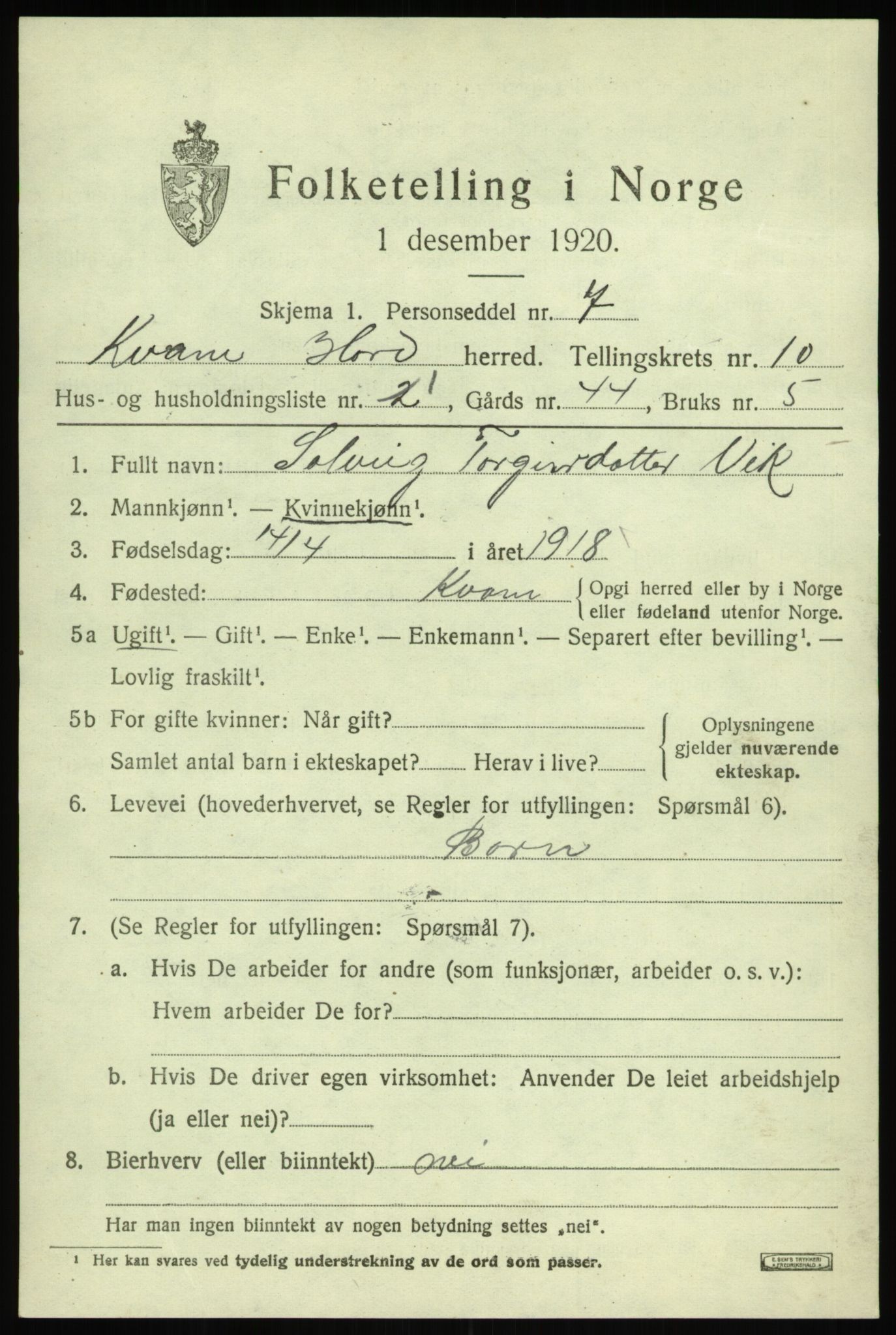 SAB, 1920 census for Kvam, 1920, p. 6333