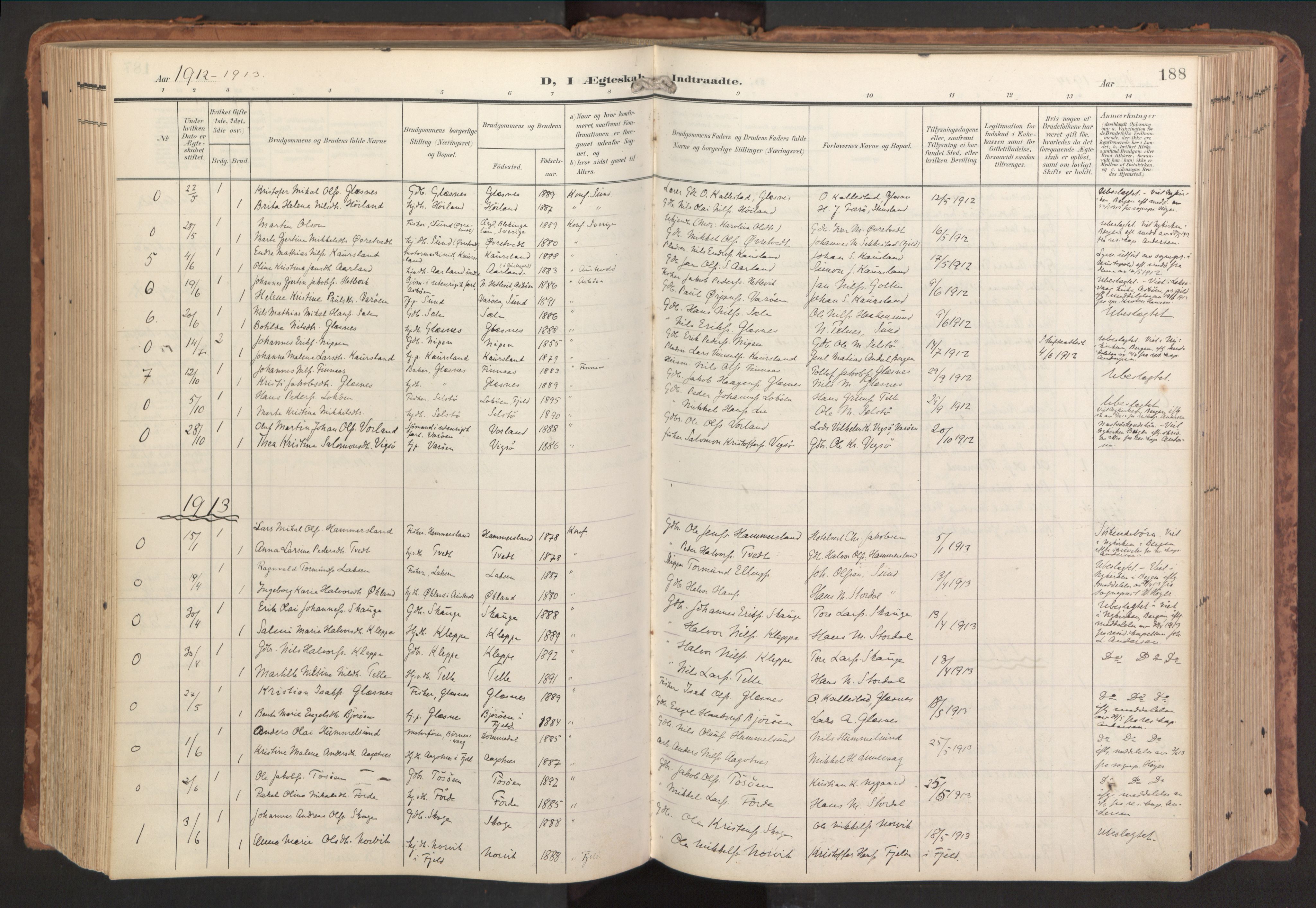 Sund sokneprestembete, AV/SAB-A-99930: Parish register (official) no. B 2, 1907-1926, p. 188