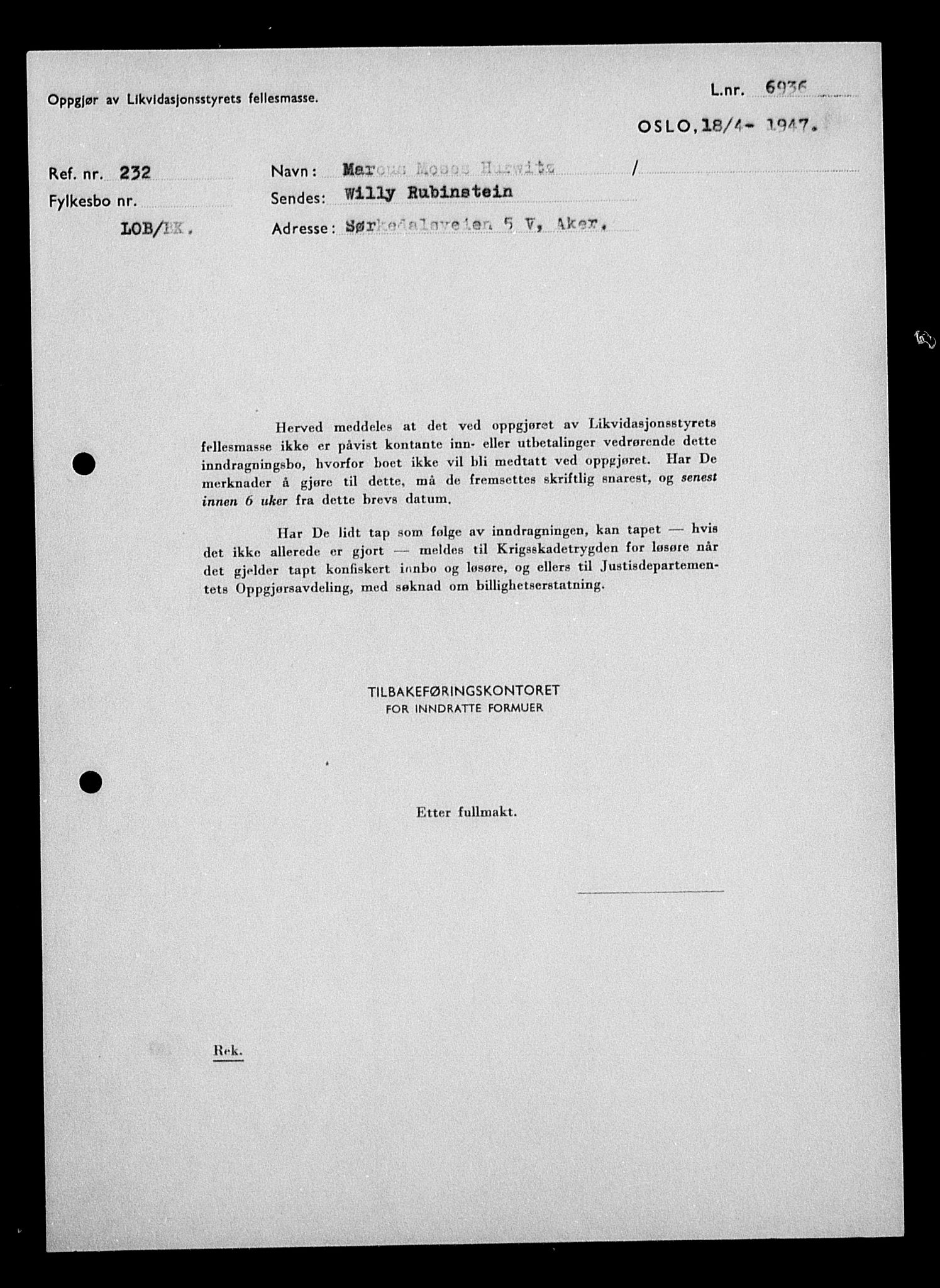 Justisdepartementet, Tilbakeføringskontoret for inndratte formuer, AV/RA-S-1564/H/Hc/Hcc/L0944: --, 1945-1947, p. 706