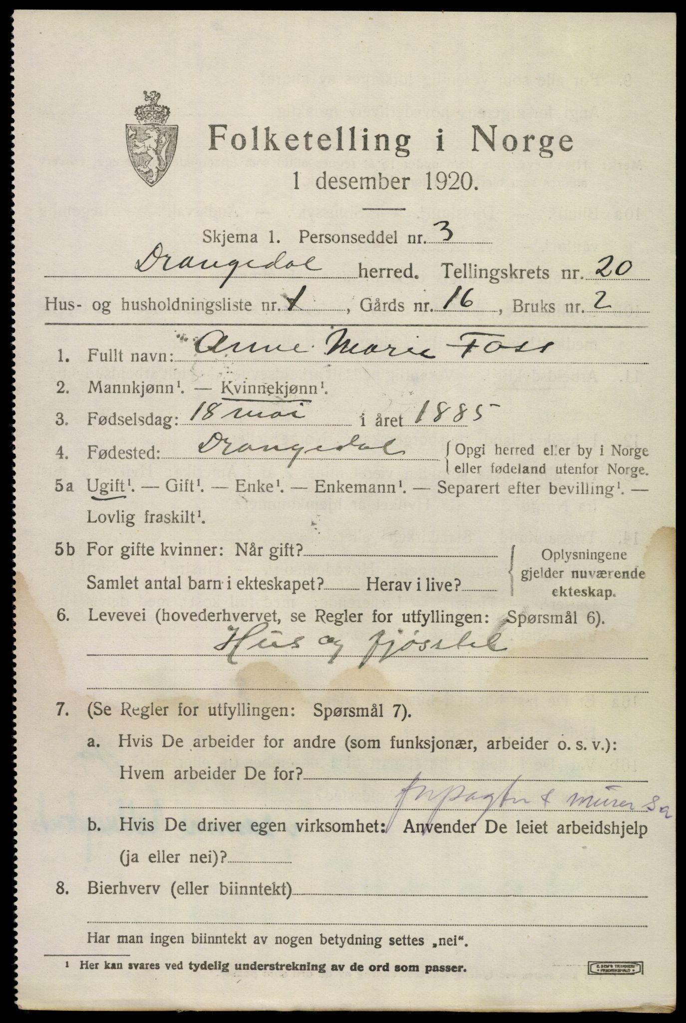 SAKO, 1920 census for Drangedal, 1920, p. 8699