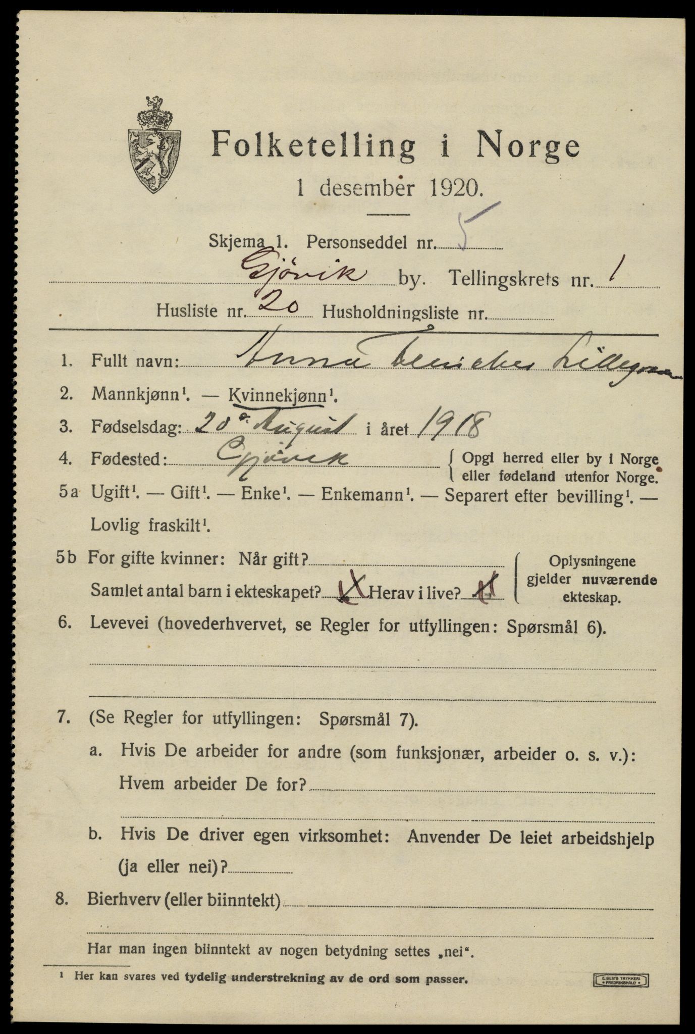 SAH, 1920 census for Gjøvik, 1920, p. 3316