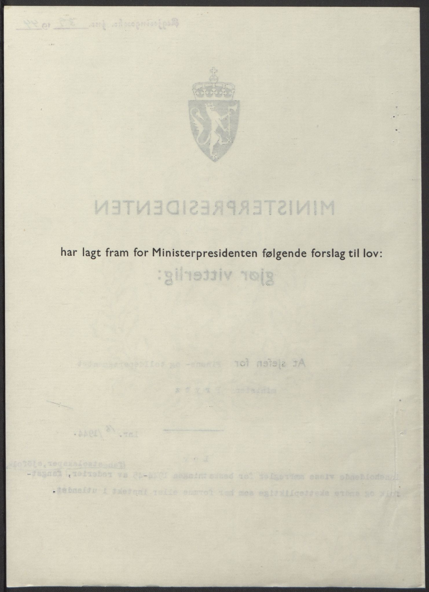 NS-administrasjonen 1940-1945 (Statsrådsekretariatet, de kommisariske statsråder mm), AV/RA-S-4279/D/Db/L0100: Lover, 1944, p. 70