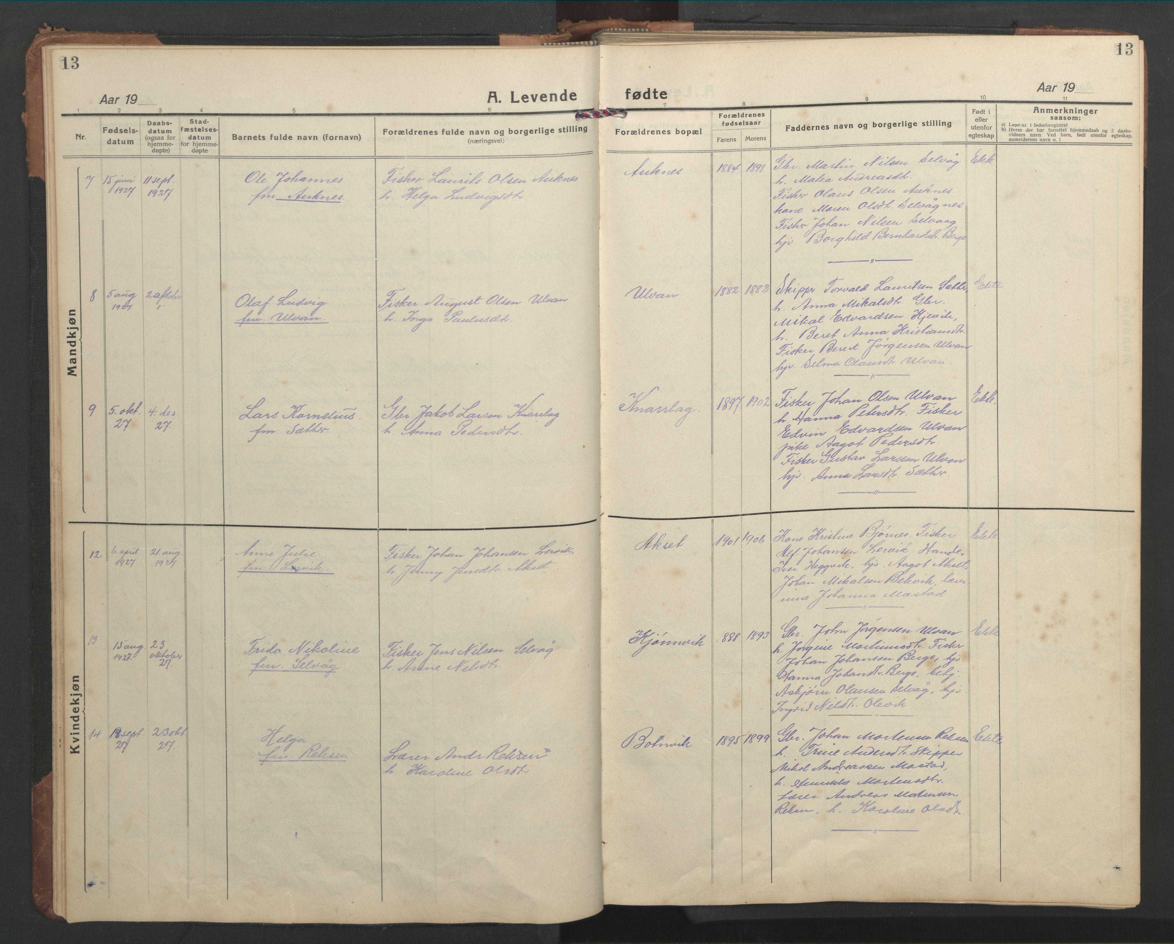 Ministerialprotokoller, klokkerbøker og fødselsregistre - Sør-Trøndelag, SAT/A-1456/638/L0569: Parish register (copy) no. 638C01, 1923-1961, p. 13