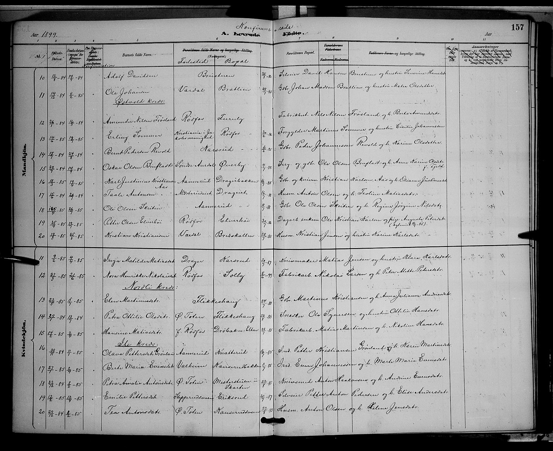 Vestre Toten prestekontor, SAH/PREST-108/H/Ha/Hab/L0009: Parish register (copy) no. 9, 1888-1900, p. 157