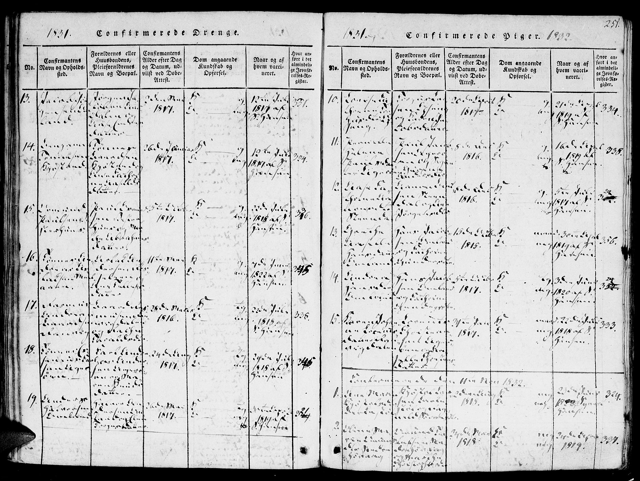 Høvåg sokneprestkontor, SAK/1111-0025/F/Fa/L0001: Parish register (official) no. A 1, 1816-1843, p. 251