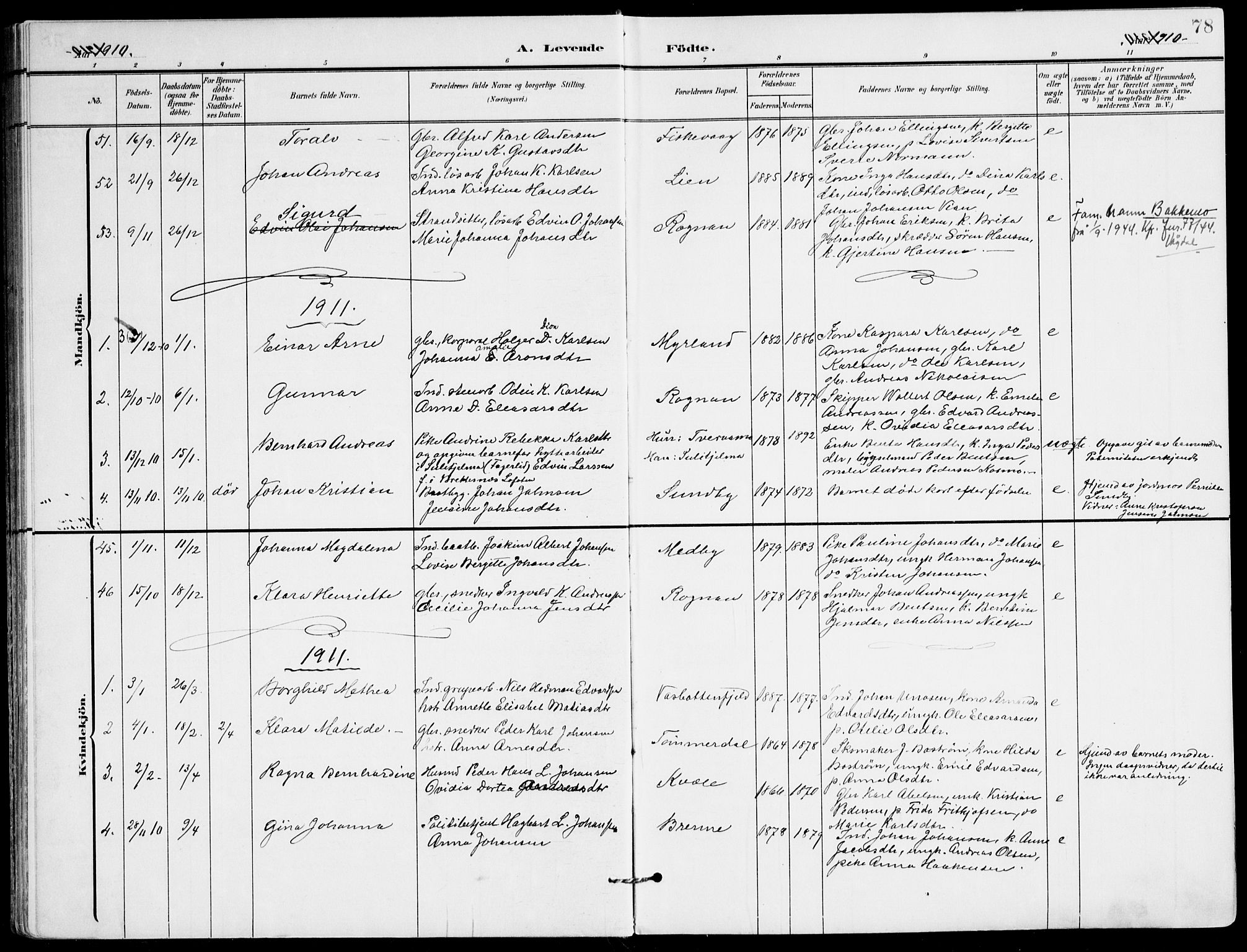 Ministerialprotokoller, klokkerbøker og fødselsregistre - Nordland, SAT/A-1459/847/L0672: Parish register (official) no. 847A12, 1902-1919, p. 78