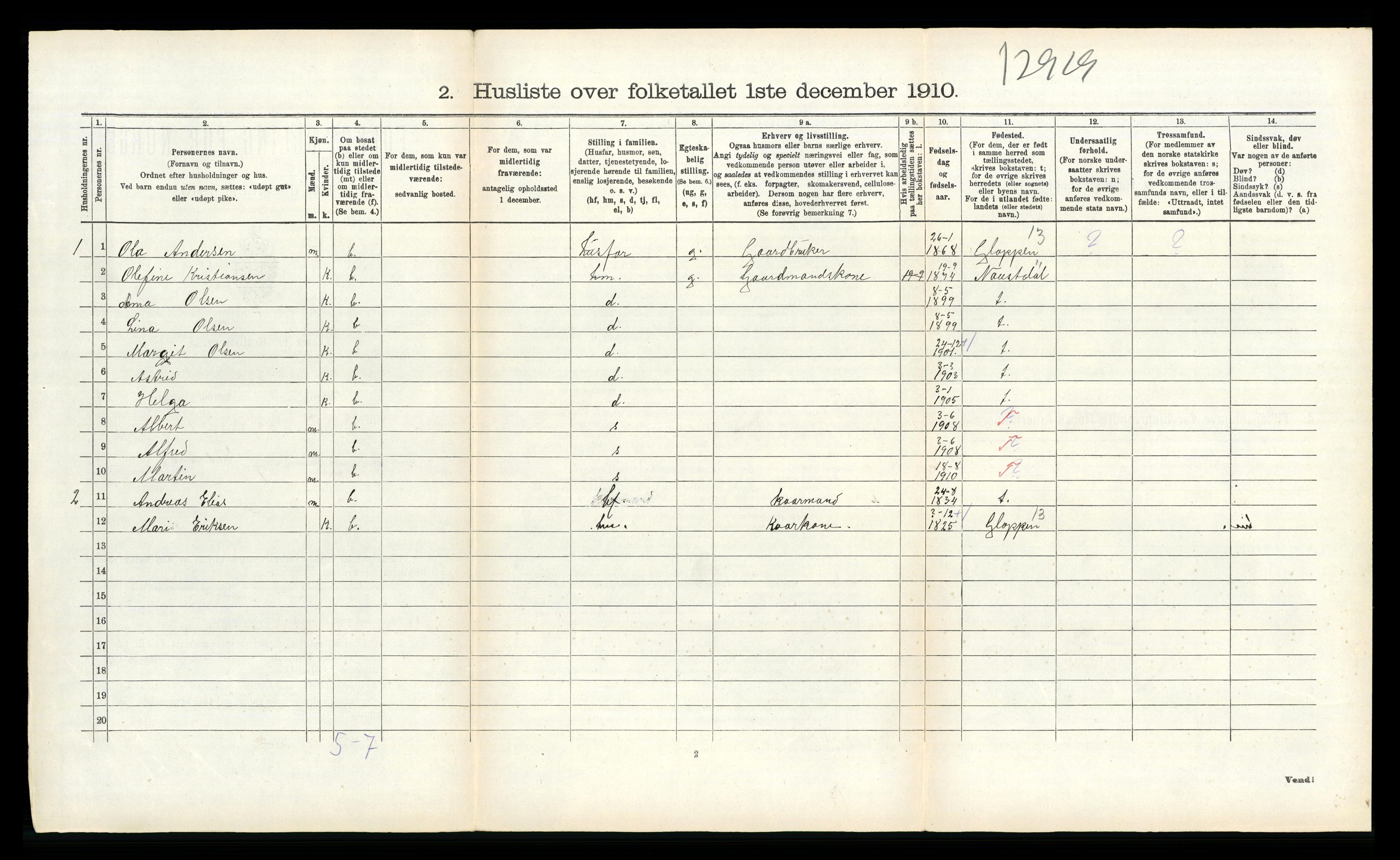 RA, 1910 census for Kinn, 1910, p. 1569