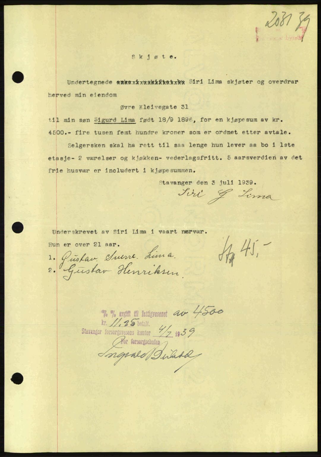 Stavanger byrett, SAST/A-100455/002/G/Gb/L0014: Mortgage book no. A4, 1938-1939, Diary no: : 2031/1939