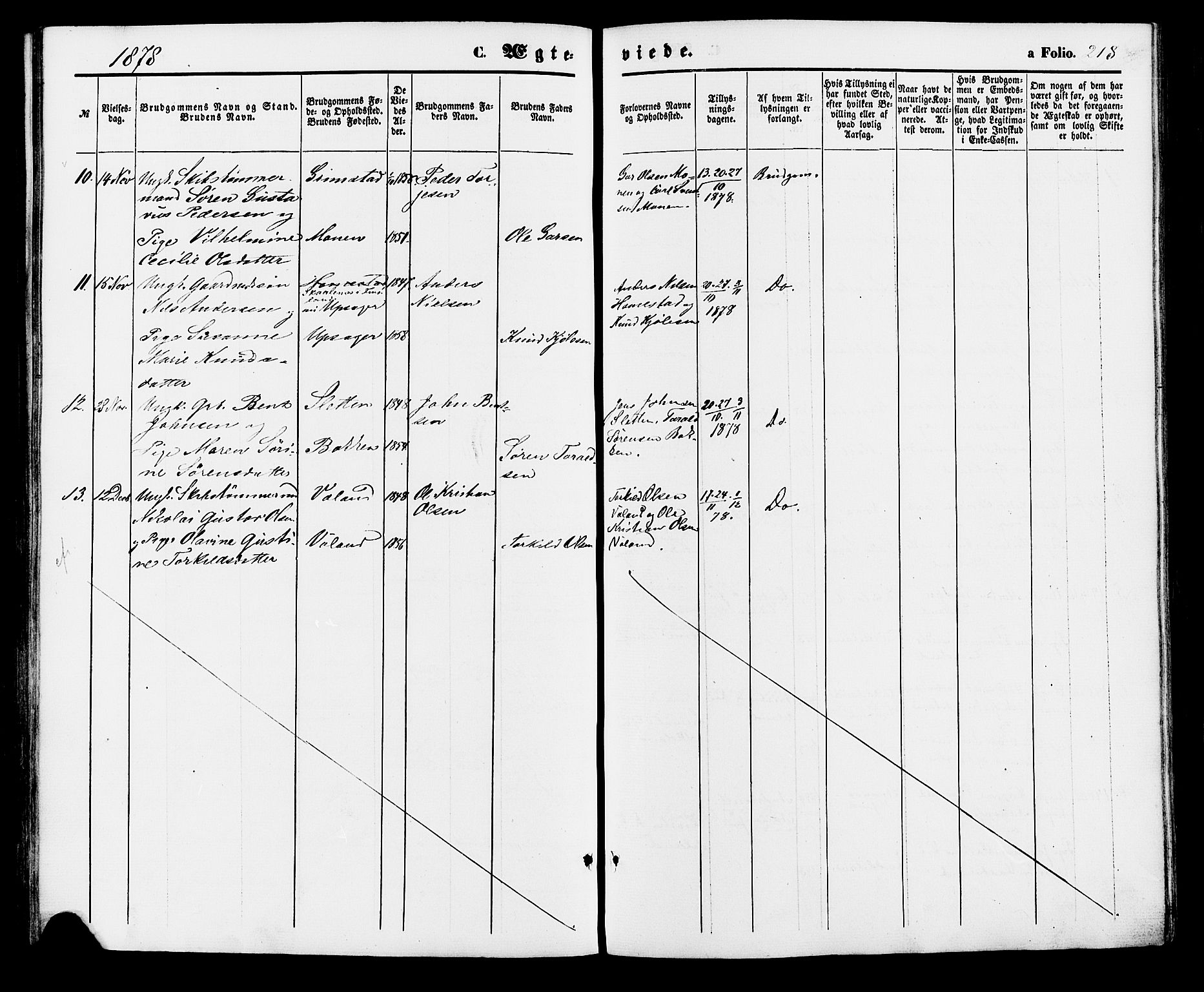 Holum sokneprestkontor, AV/SAK-1111-0022/F/Fa/Faa/L0006: Parish register (official) no. A 6, 1865-1883, p. 218