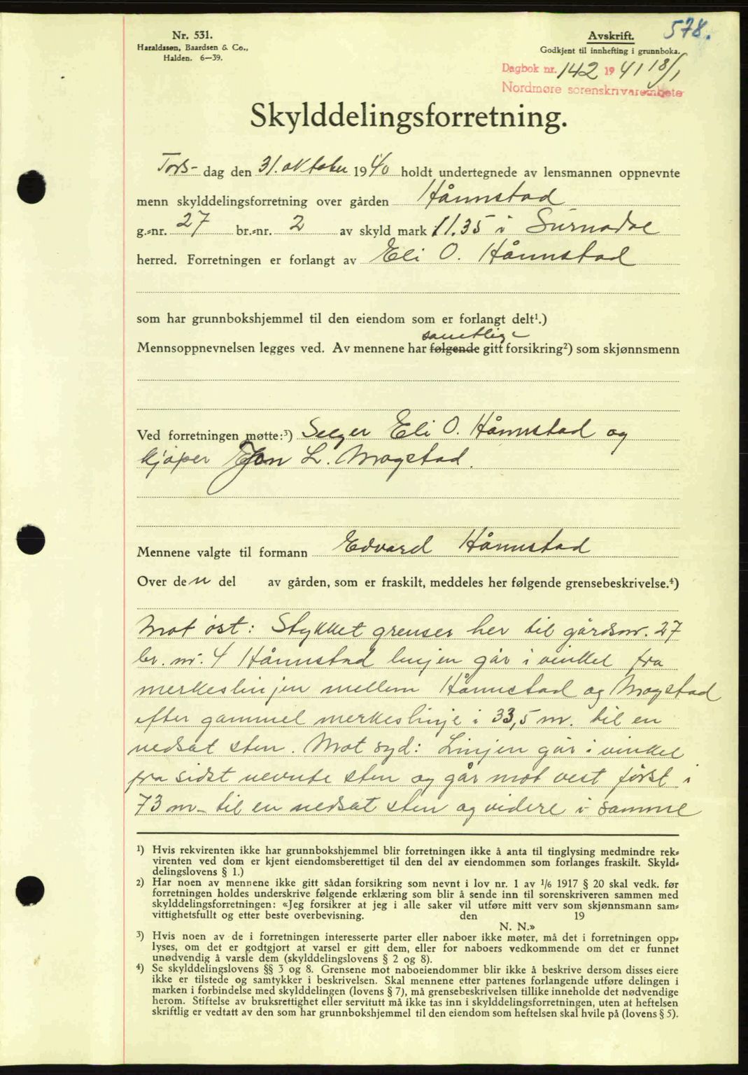Nordmøre sorenskriveri, SAT/A-4132/1/2/2Ca: Mortgage book no. A89, 1940-1941, Diary no: : 142/1941
