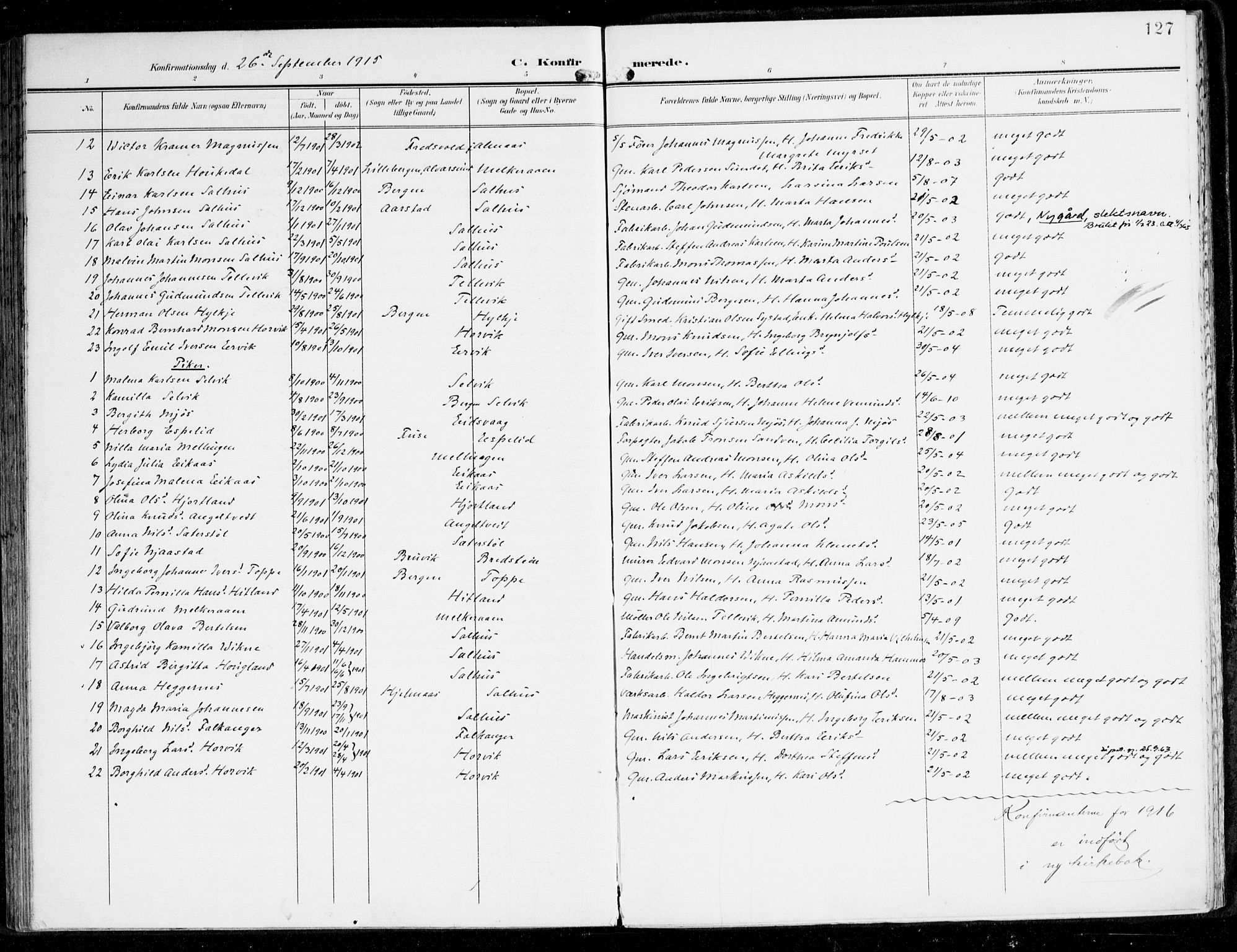 Hamre sokneprestembete, AV/SAB-A-75501/H/Ha/Haa/Haad/L0002: Parish register (official) no. D 2, 1899-1916, p. 127