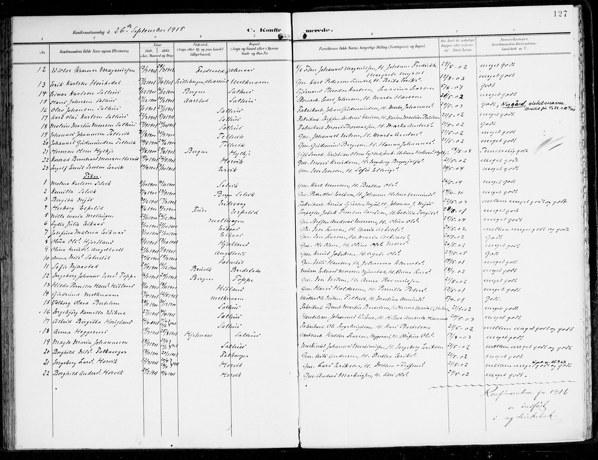 Hamre sokneprestembete, AV/SAB-A-75501/H/Ha/Haa/Haad/L0002: Parish register (official) no. D 2, 1899-1916, p. 127