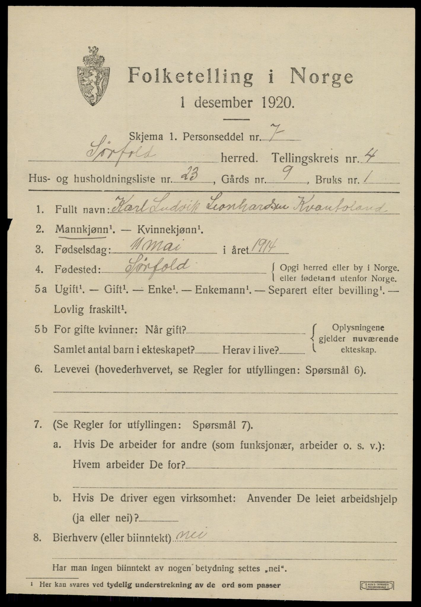 SAT, 1920 census for Sørfold, 1920, p. 2965