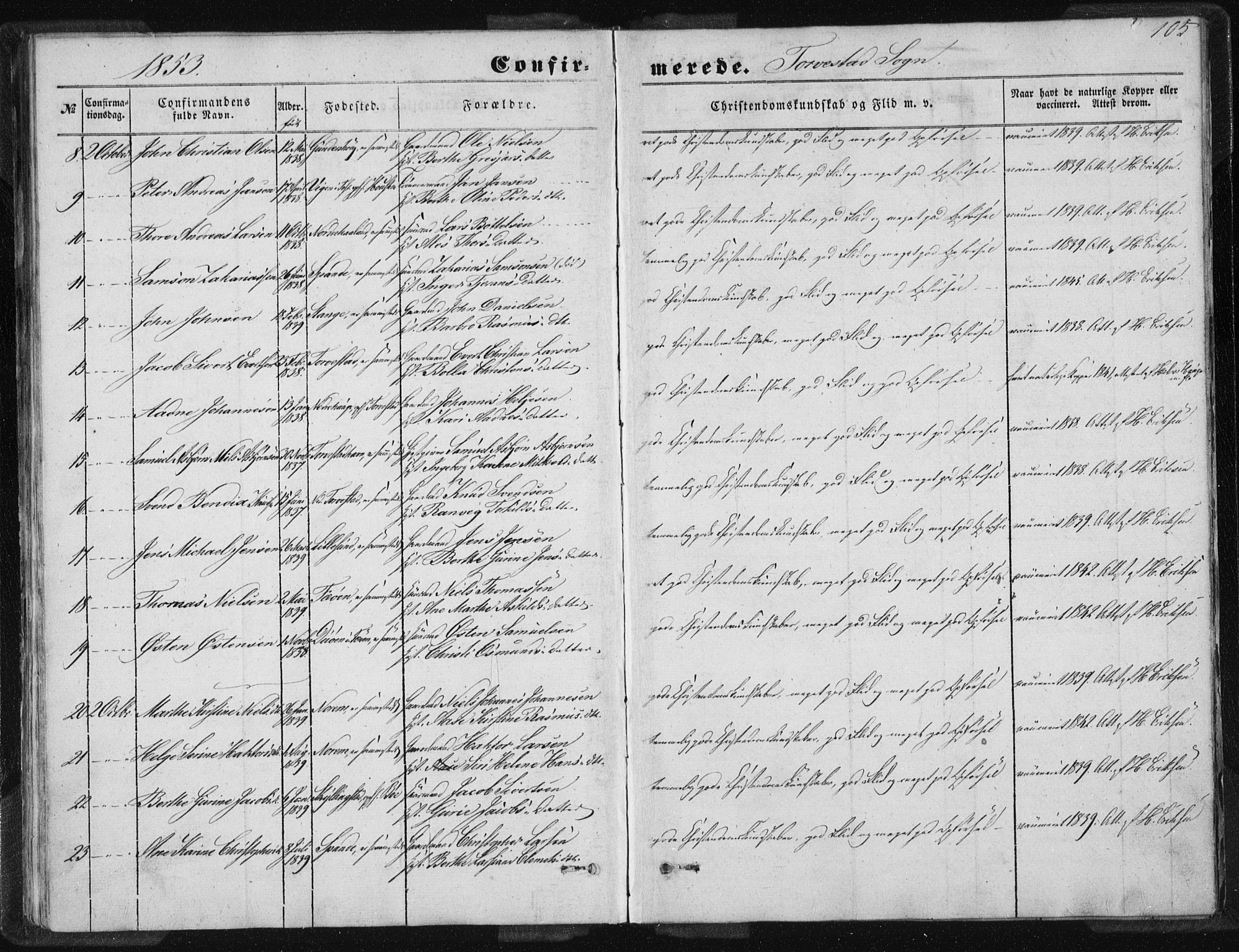 Torvastad sokneprestkontor, AV/SAST-A -101857/H/Ha/Haa/L0008: Parish register (official) no. A 8, 1847-1856, p. 105