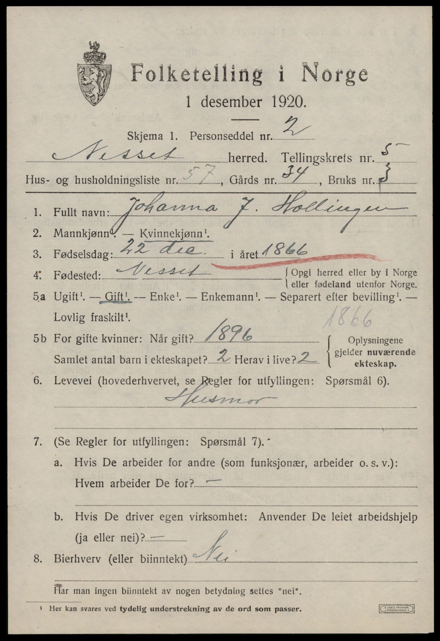 SAT, 1920 census for Nesset, 1920, p. 2796