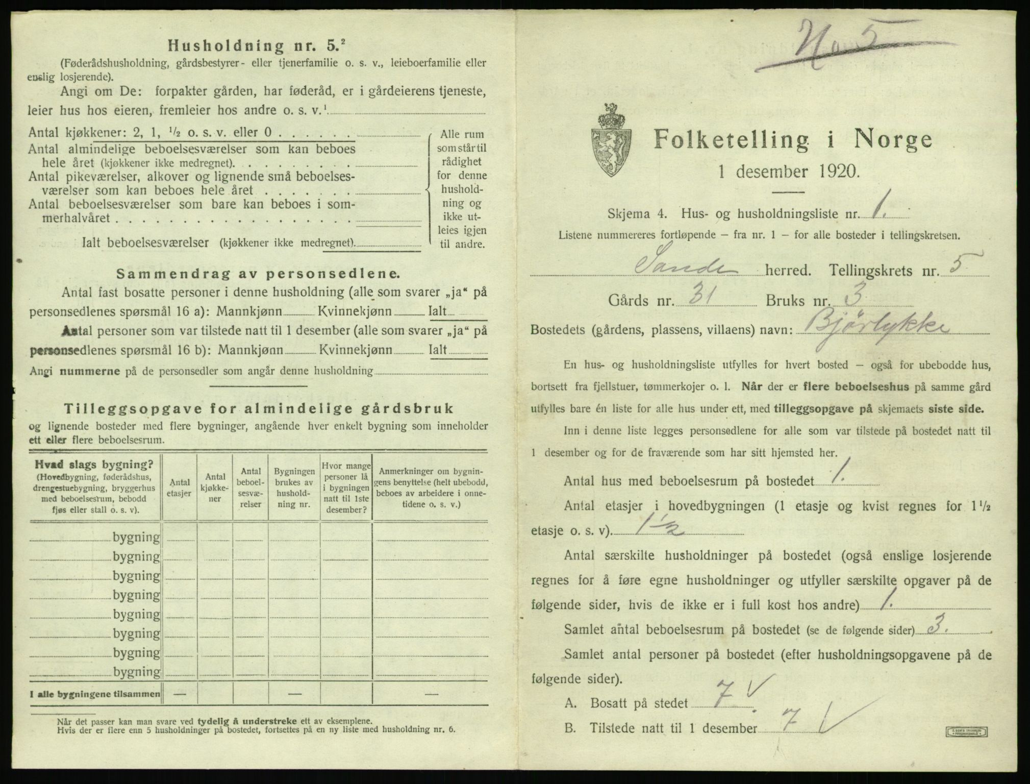 SAT, 1920 census for Sande (MR), 1920, p. 404