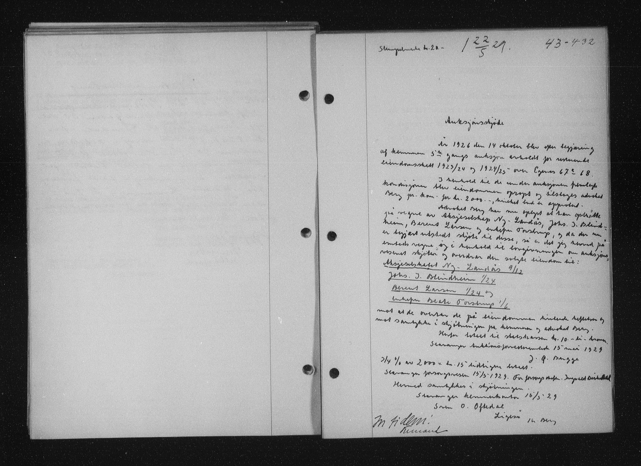 Stavanger byfogd, SAST/A-101408/001/4/41/410/410BB/L0055: Mortgage book no. 43, 1928-1929, Deed date: 22.05.1929