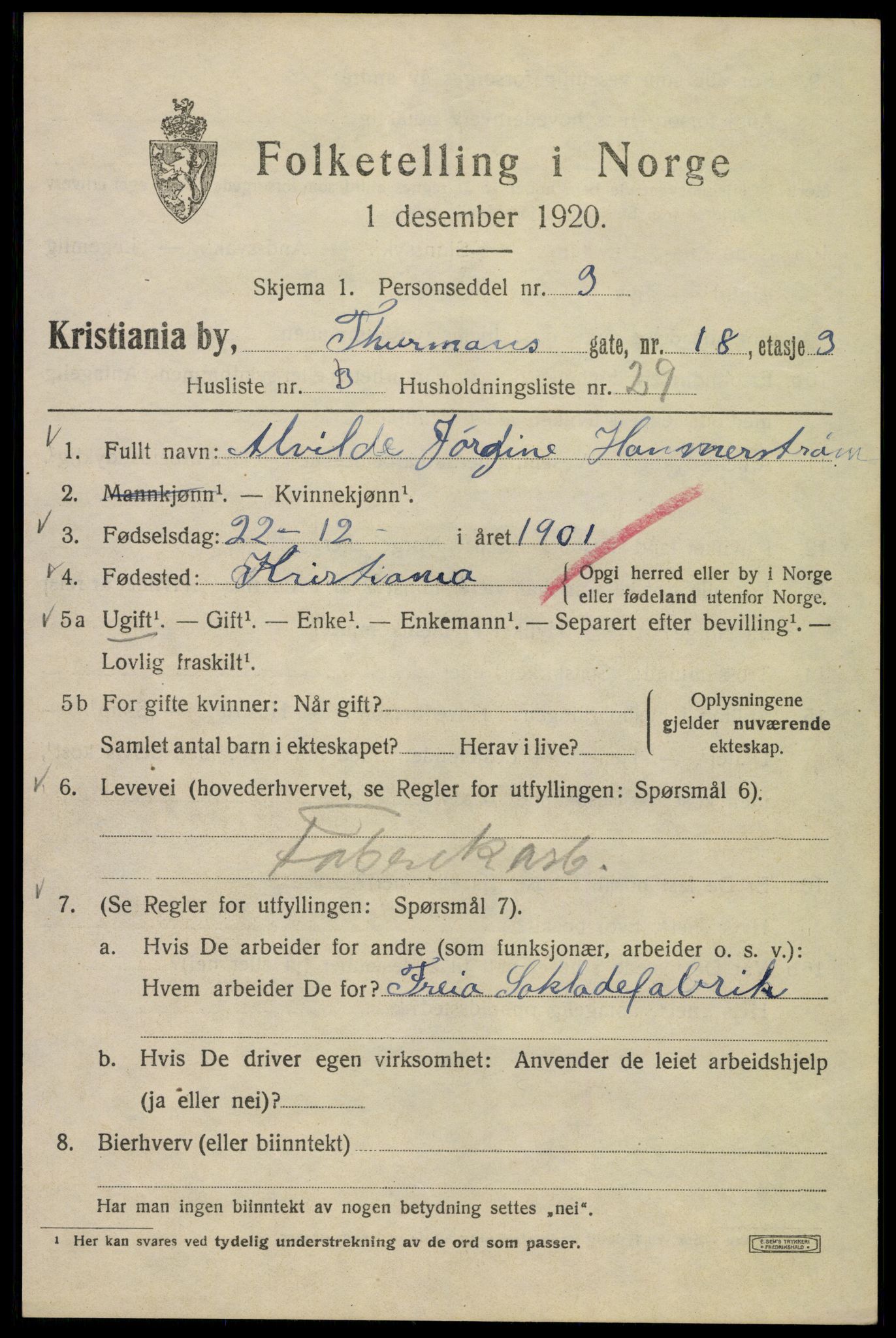 SAO, 1920 census for Kristiania, 1920, p. 581557