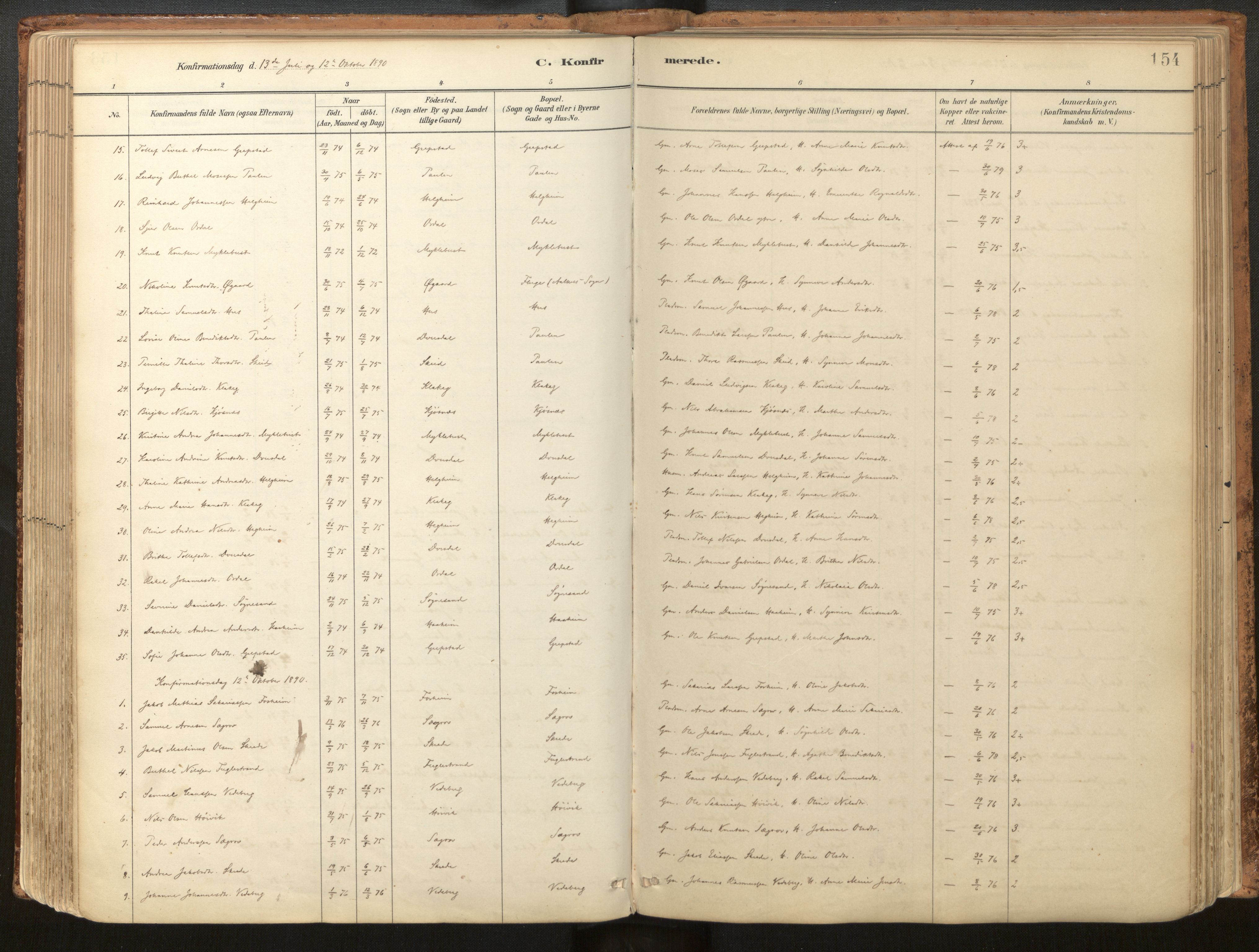 Jølster sokneprestembete, SAB/A-80701/H/Haa/Haac/L0001: Parish register (official) no. C 1, 1882-1928, p. 154