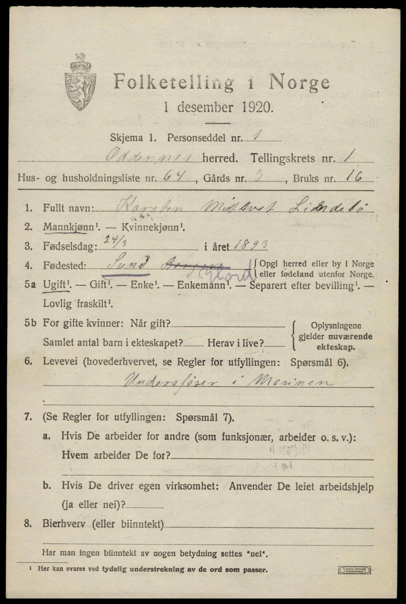 SAK, 1920 census for Oddernes, 1920, p. 2811