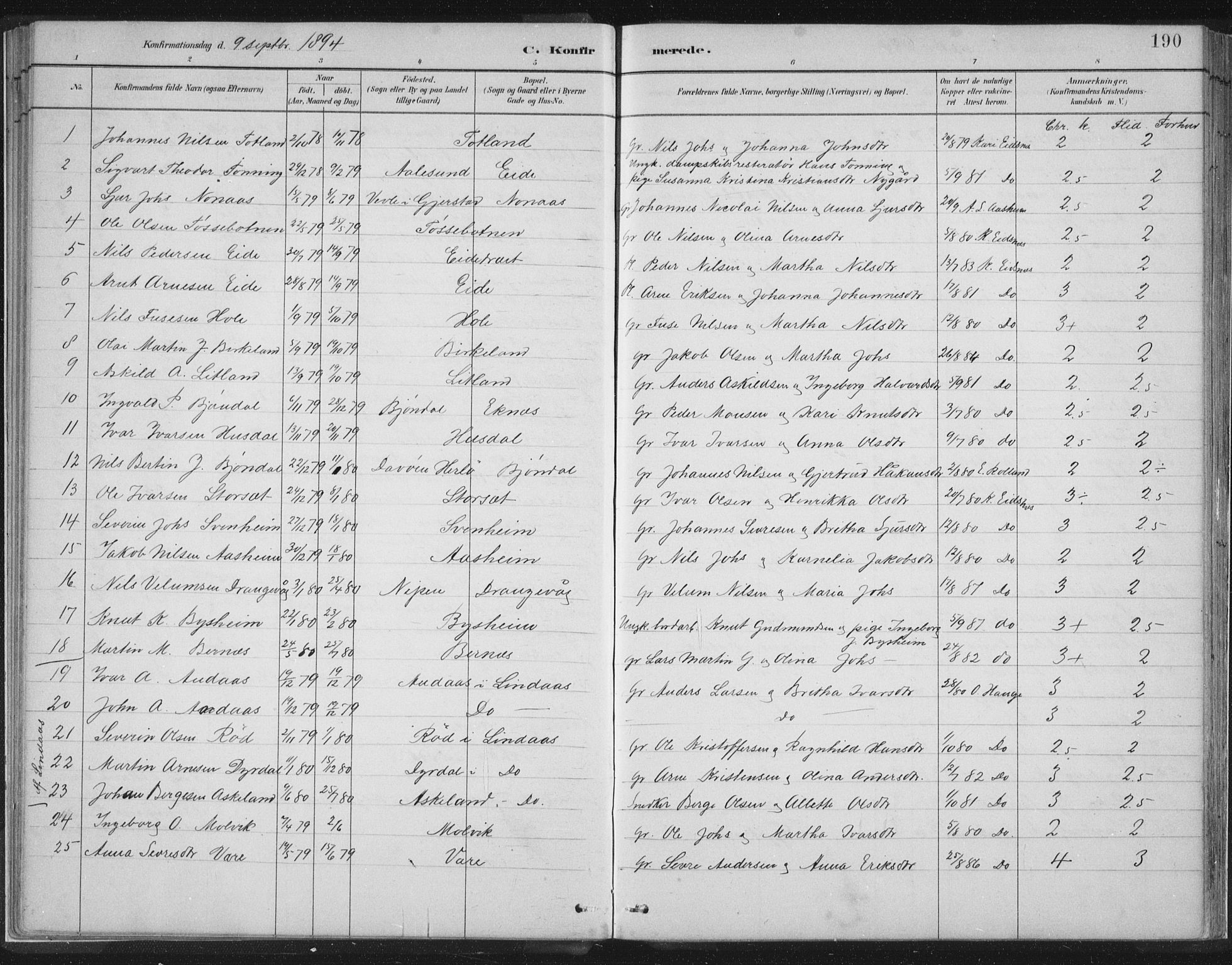 Hosanger sokneprestembete, SAB/A-75801/H/Hab: Parish register (copy) no. A 3 II, 1882-1903, p. 190