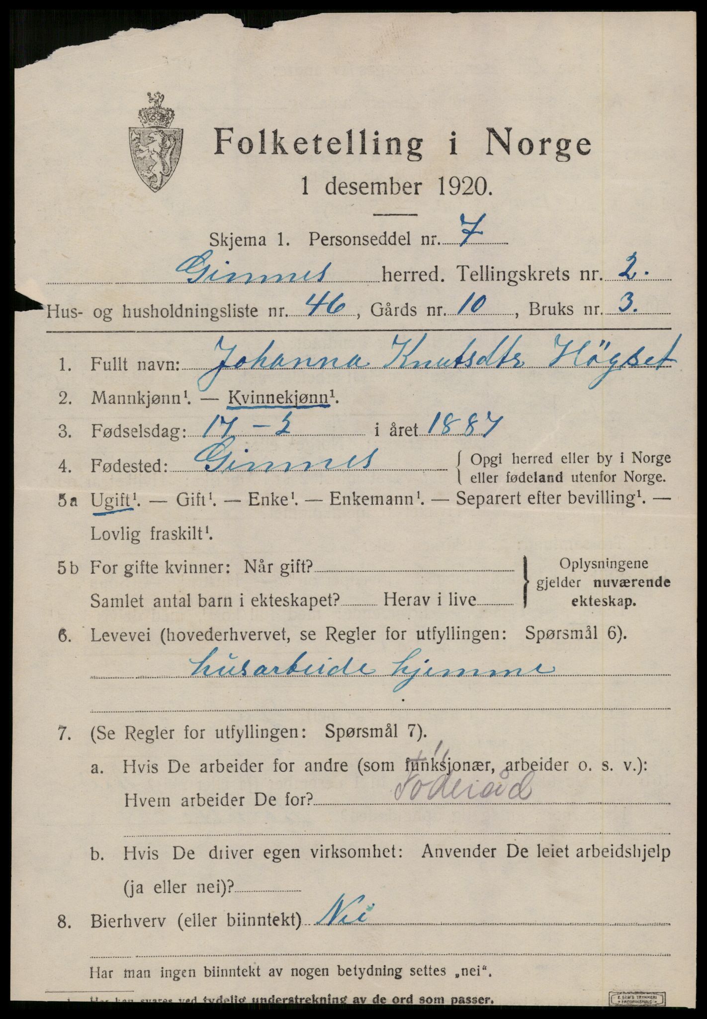 SAT, 1920 census for Gjemnes, 1920, p. 1200