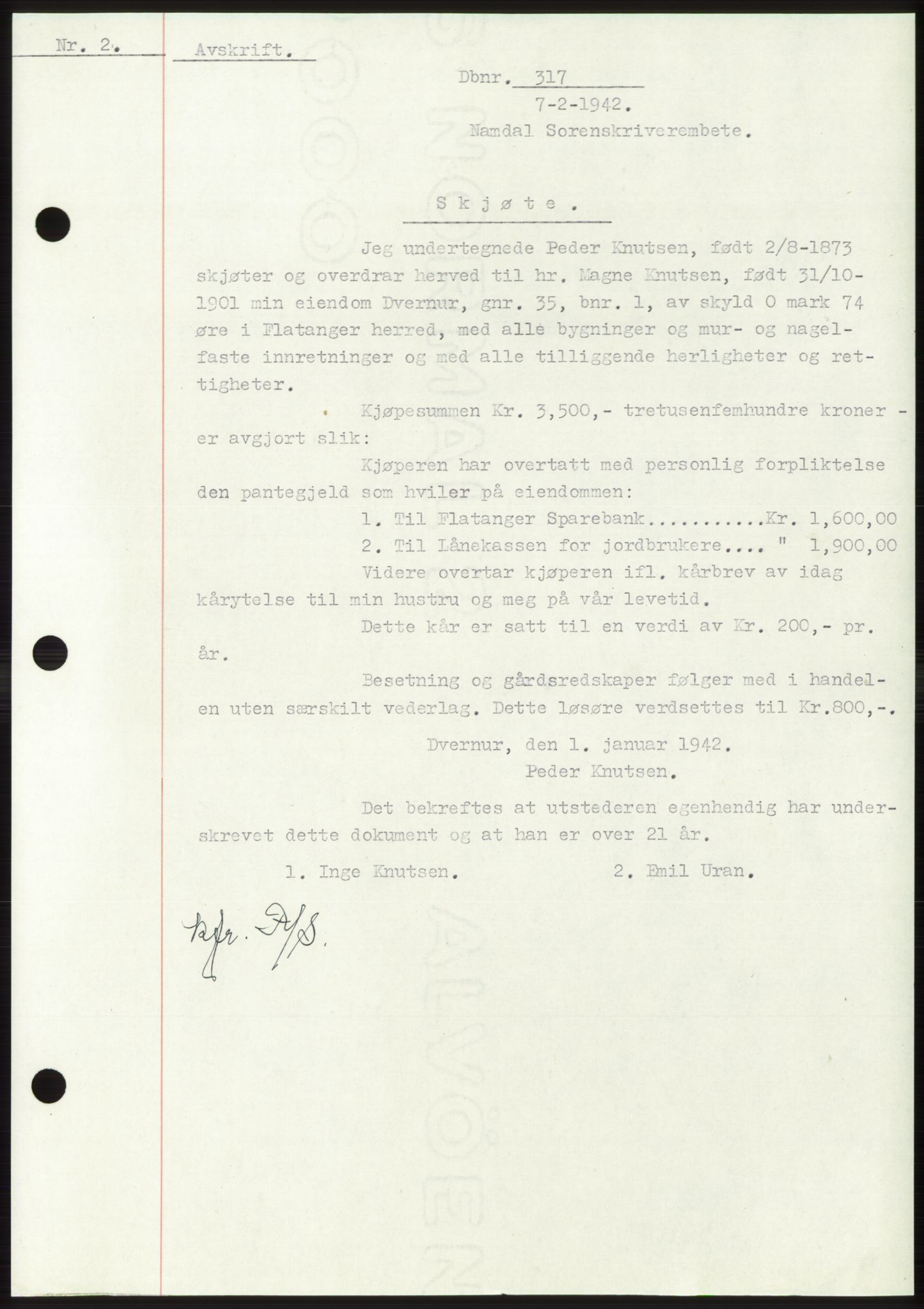 Namdal sorenskriveri, SAT/A-4133/1/2/2C: Mortgage book no. -, 1941-1942, Diary no: : 317/1942