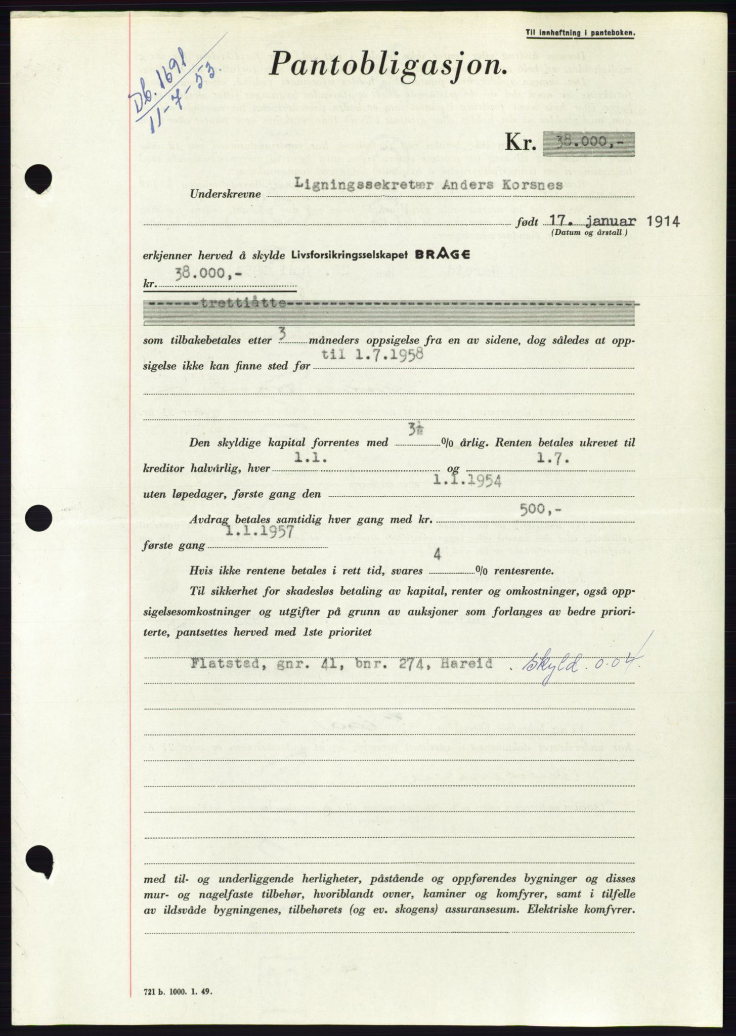 Søre Sunnmøre sorenskriveri, AV/SAT-A-4122/1/2/2C/L0123: Mortgage book no. 11B, 1953-1953, Diary no: : 1691/1953