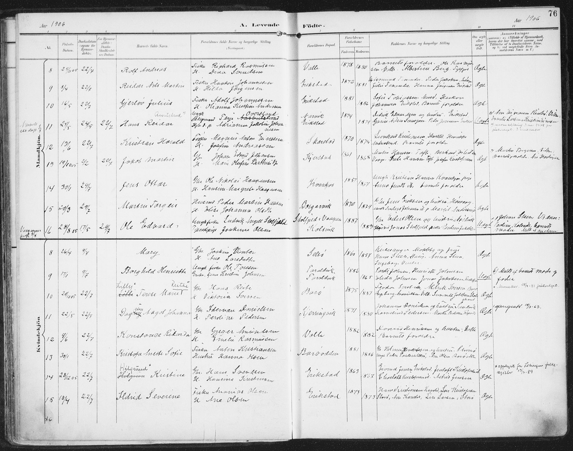 Ministerialprotokoller, klokkerbøker og fødselsregistre - Nordland, AV/SAT-A-1459/872/L1036: Parish register (official) no. 872A11, 1897-1913, p. 76