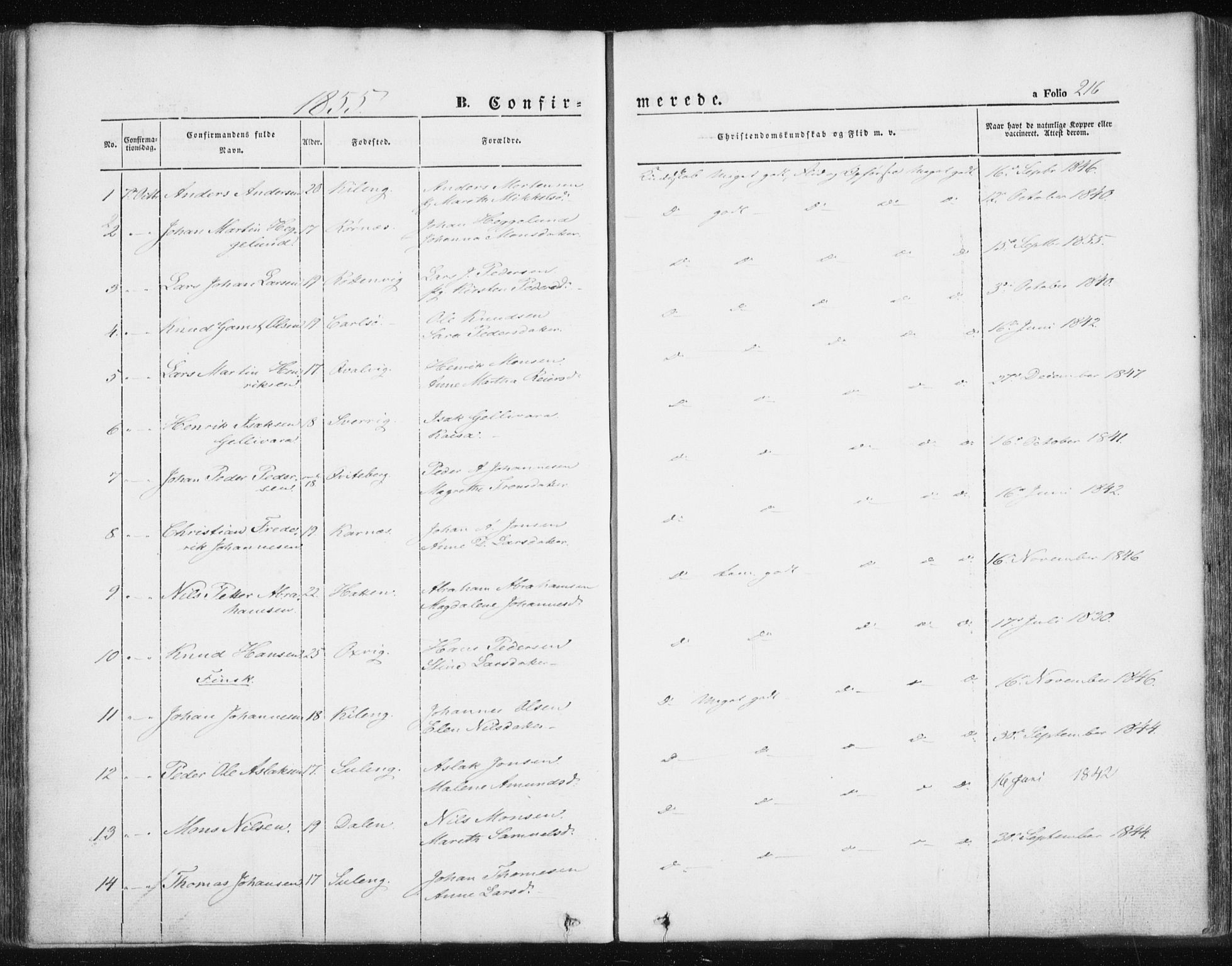 Lyngen sokneprestembete, SATØ/S-1289/H/He/Hea/L0004kirke: Parish register (official) no. 4, 1839-1858, p. 216