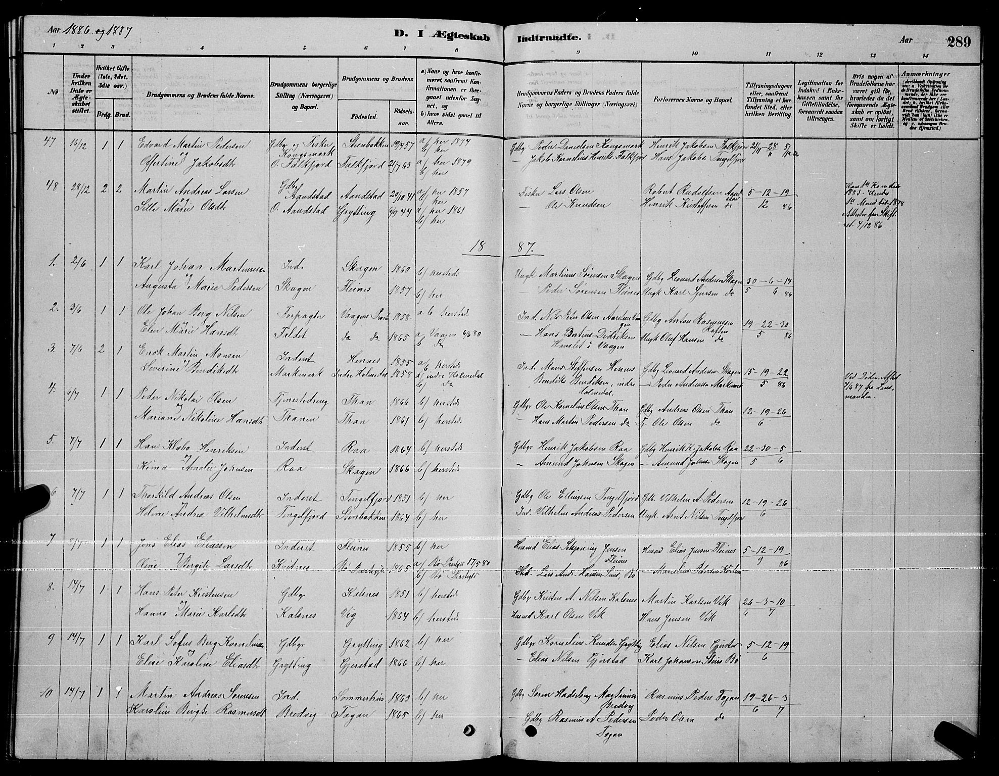 Ministerialprotokoller, klokkerbøker og fødselsregistre - Nordland, AV/SAT-A-1459/888/L1267: Parish register (copy) no. 888C05, 1878-1890, p. 289