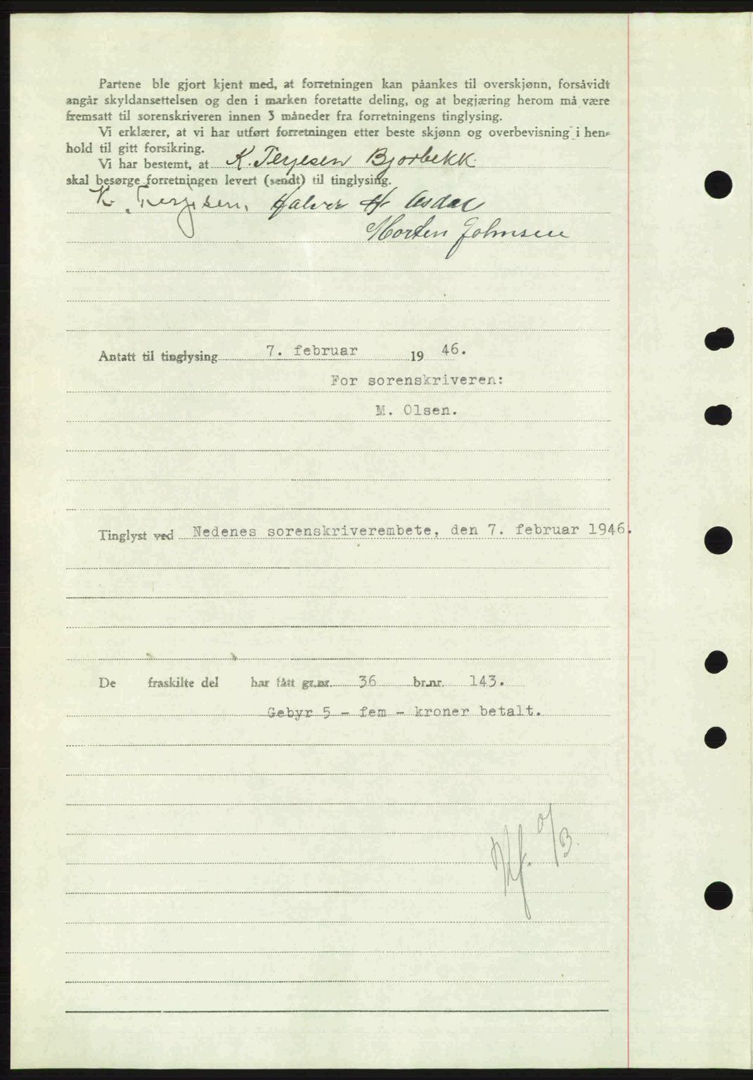 Nedenes sorenskriveri, AV/SAK-1221-0006/G/Gb/Gba/L0054: Mortgage book no. A6c, 1946-1946, Diary no: : 95/1946