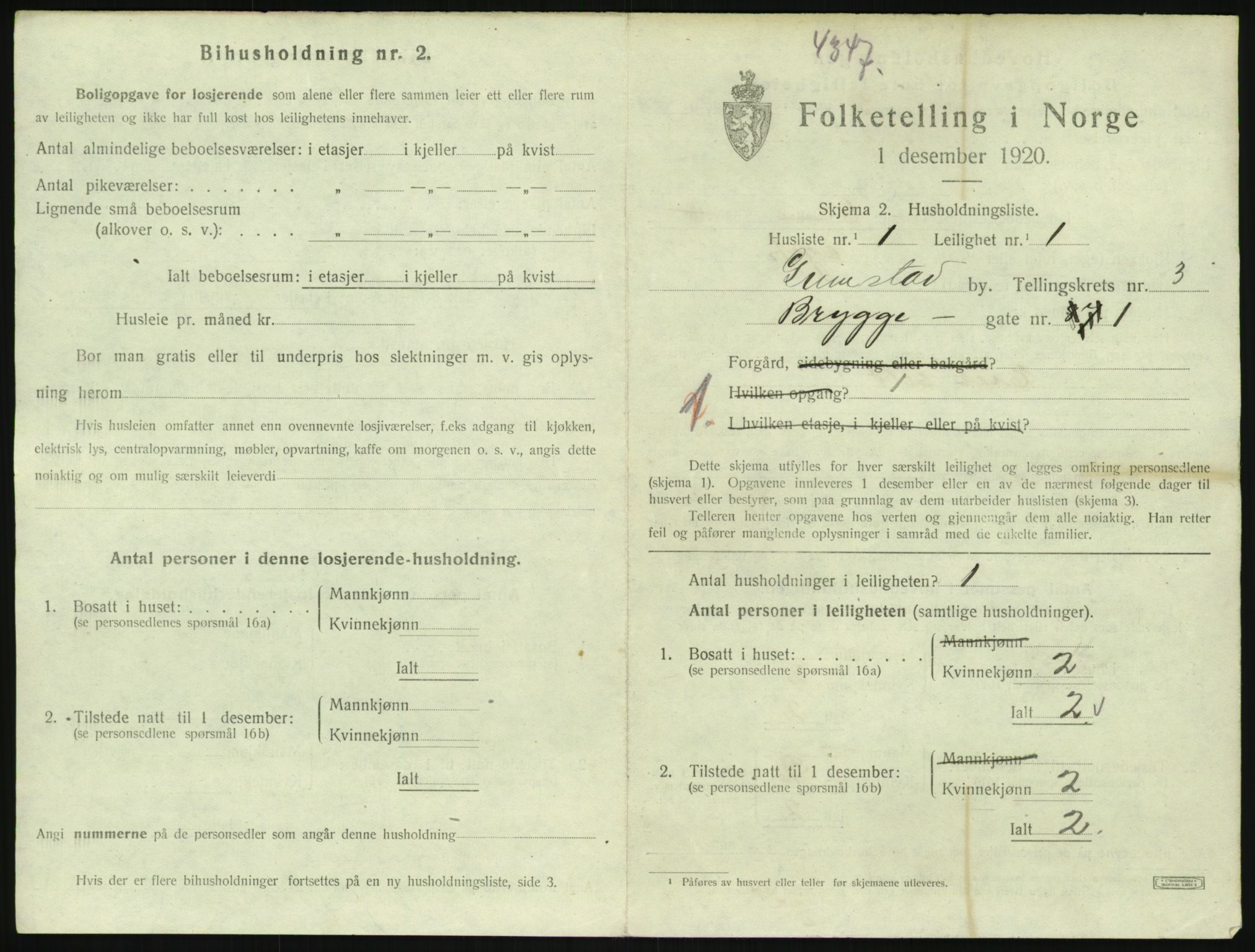 SAK, 1920 census for Grimstad, 1920, p. 1509