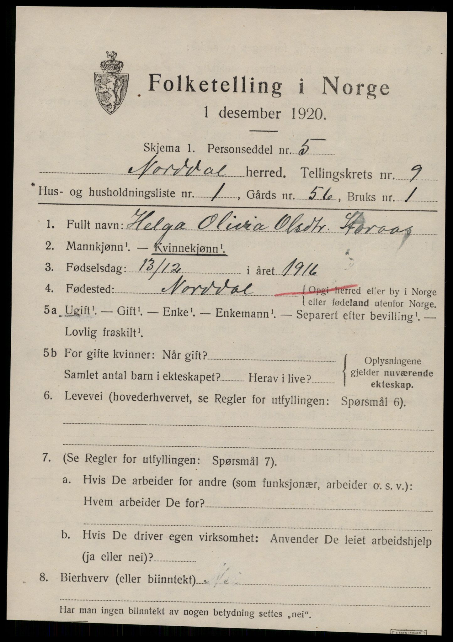 SAT, 1920 census for Norddal, 1920, p. 4797