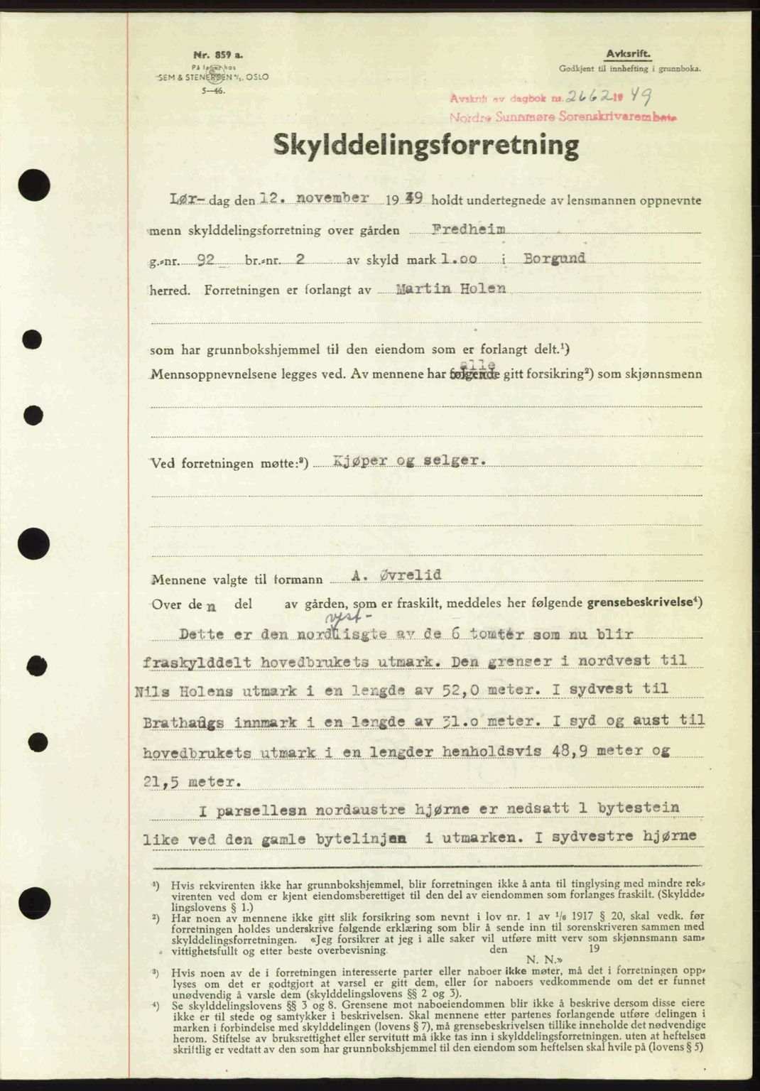 Nordre Sunnmøre sorenskriveri, AV/SAT-A-0006/1/2/2C/2Ca: Mortgage book no. A33, 1949-1950, Diary no: : 2662/1949