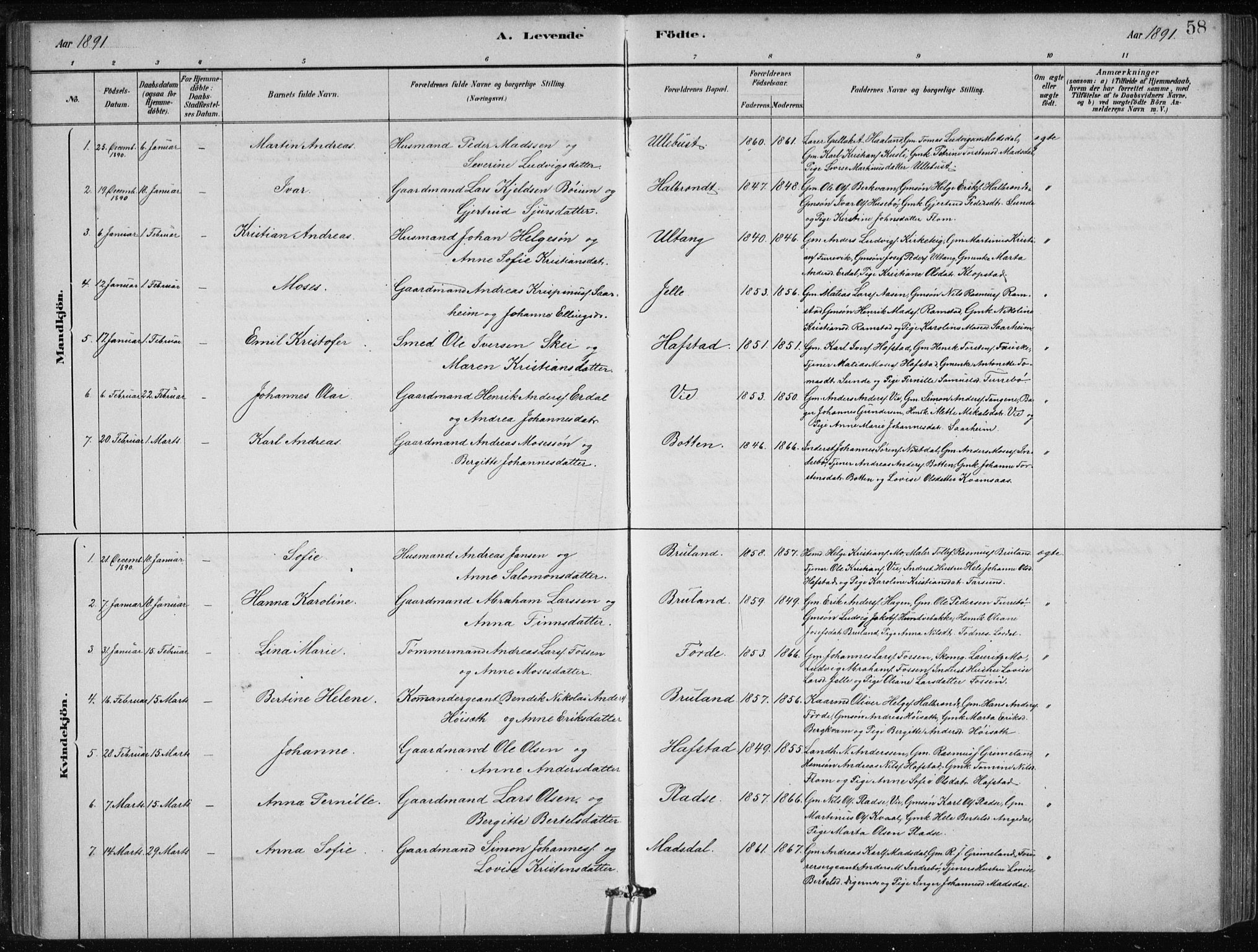 Førde sokneprestembete, SAB/A-79901/H/Hab/Haba/L0002: Parish register (copy) no. A 2, 1881-1898, p. 58