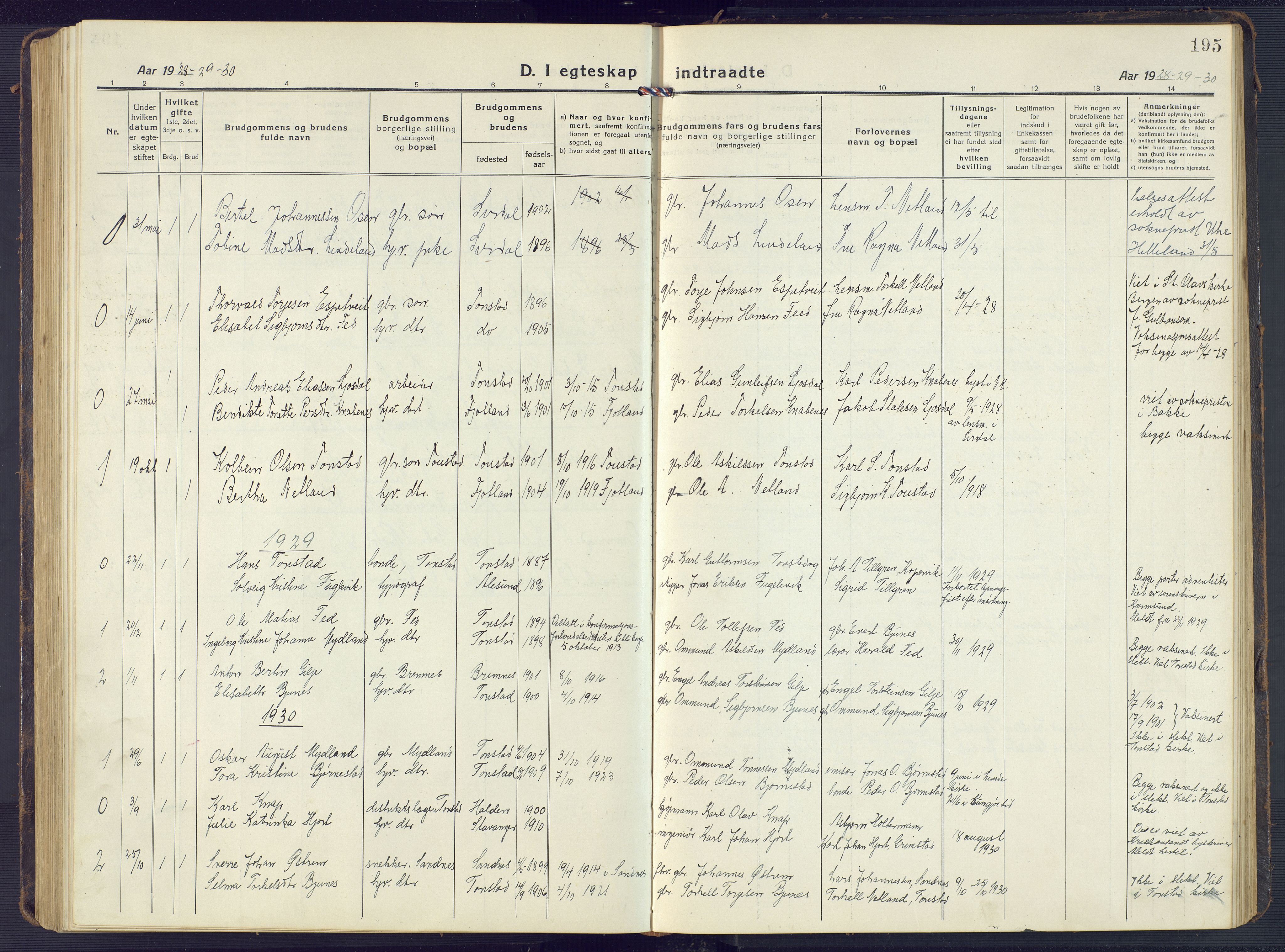 Sirdal sokneprestkontor, SAK/1111-0036/F/Fb/Fbb/L0005: Parish register (copy) no. B 5, 1916-1960, p. 195