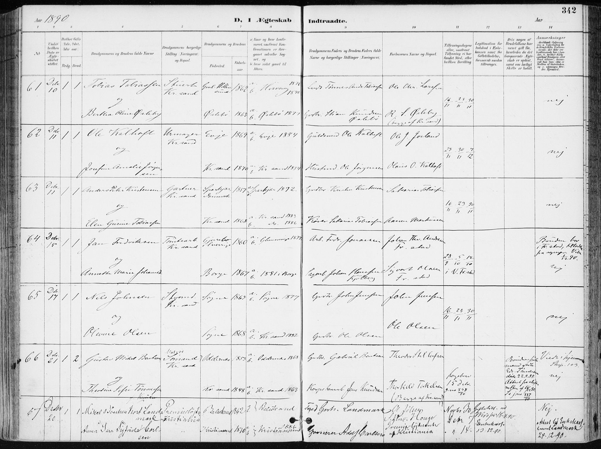 Kristiansand domprosti, SAK/1112-0006/F/Fa/L0019: Parish register (official) no. A 18, 1890-1897, p. 342