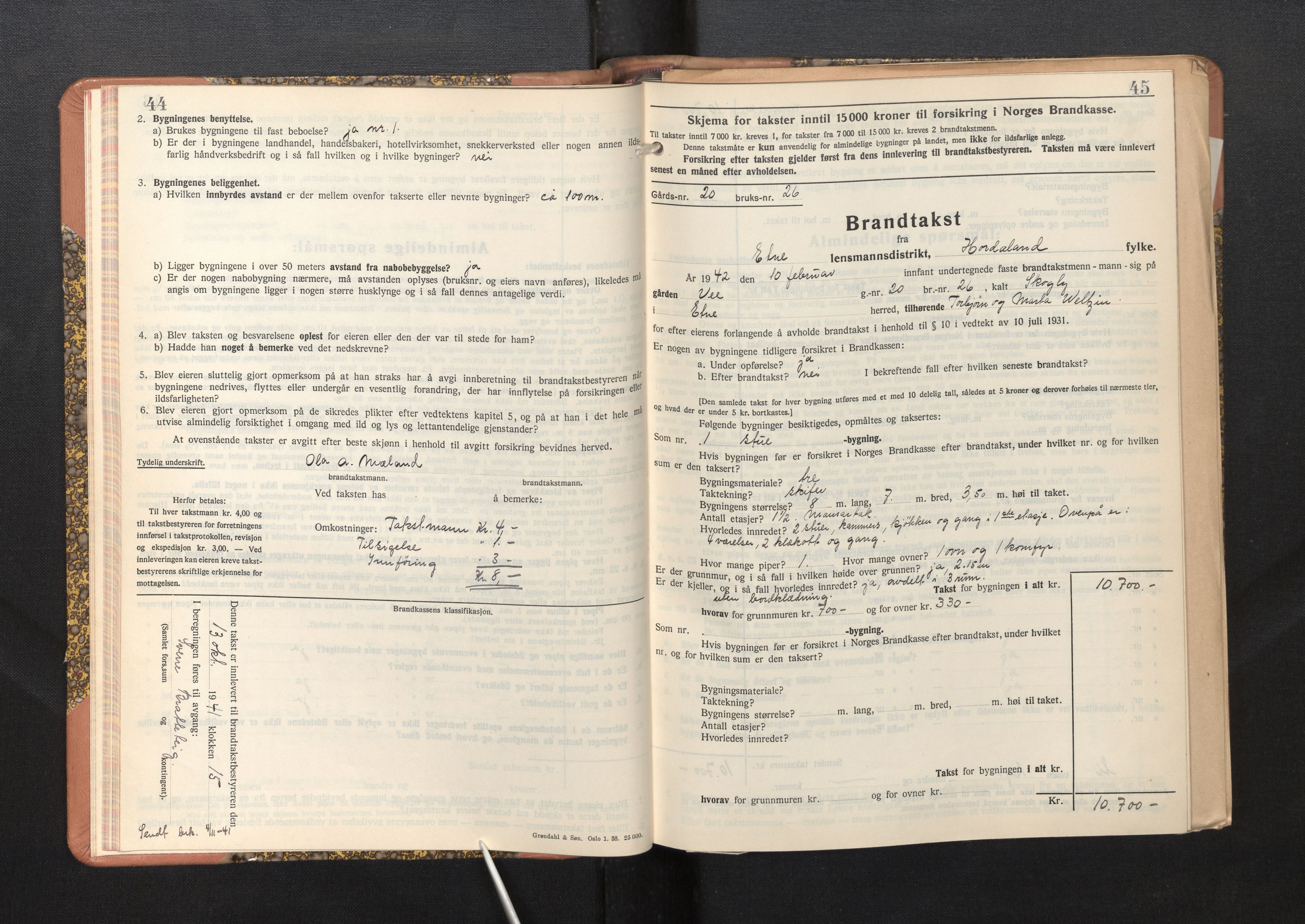 Lensmannen i Etne, AV/SAB-A-31601/0012/L0002: Branntakstprotokoll, skjematakst, 1939-1948, p. 44-45