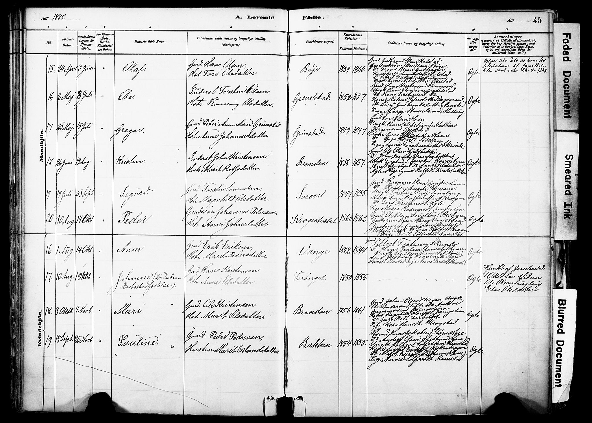 Skjåk prestekontor, SAH/PREST-072/H/Ha/Haa/L0003: Parish register (official) no. 3, 1880-1907, p. 45