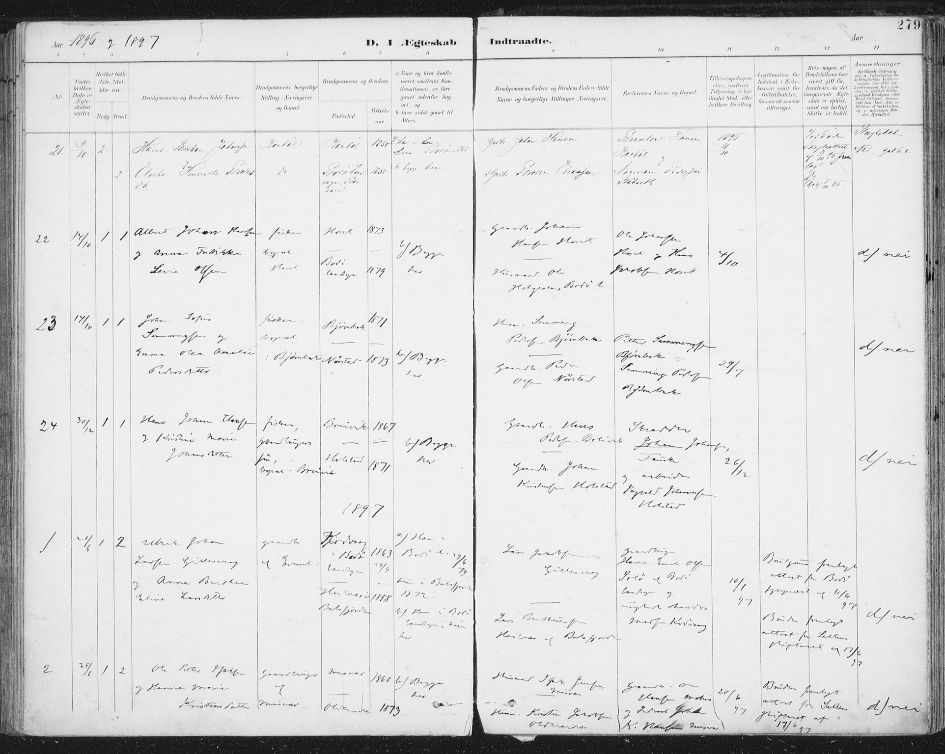 Ministerialprotokoller, klokkerbøker og fødselsregistre - Nordland, SAT/A-1459/852/L0741: Parish register (official) no. 852A11, 1894-1917, p. 279