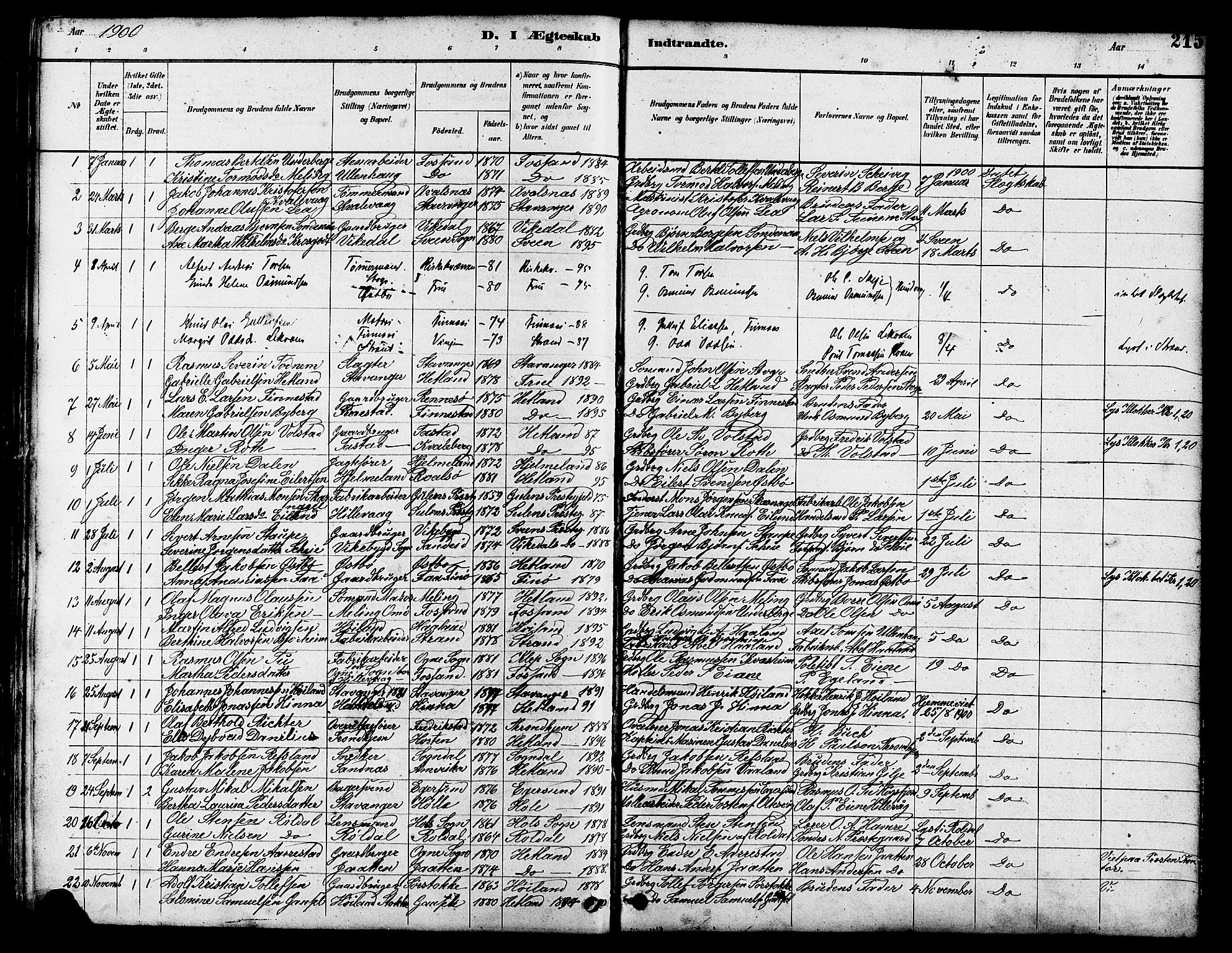 Hetland sokneprestkontor, SAST/A-101826/30/30BB/L0005: Parish register (copy) no. B 5, 1878-1910, p. 215