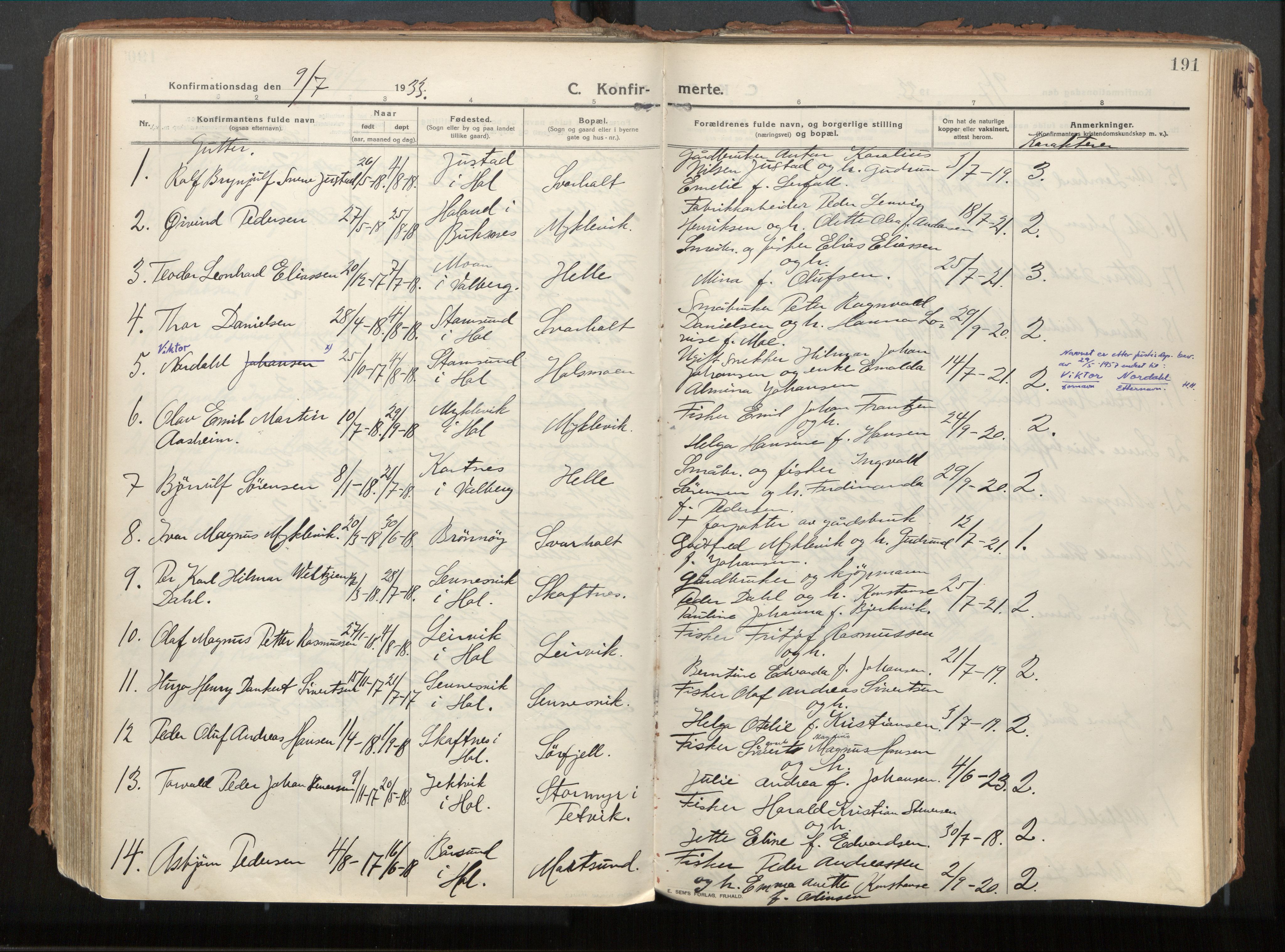 Ministerialprotokoller, klokkerbøker og fødselsregistre - Nordland, SAT/A-1459/882/L1181: Parish register (official) no. 882A03, 1913-1937, p. 191