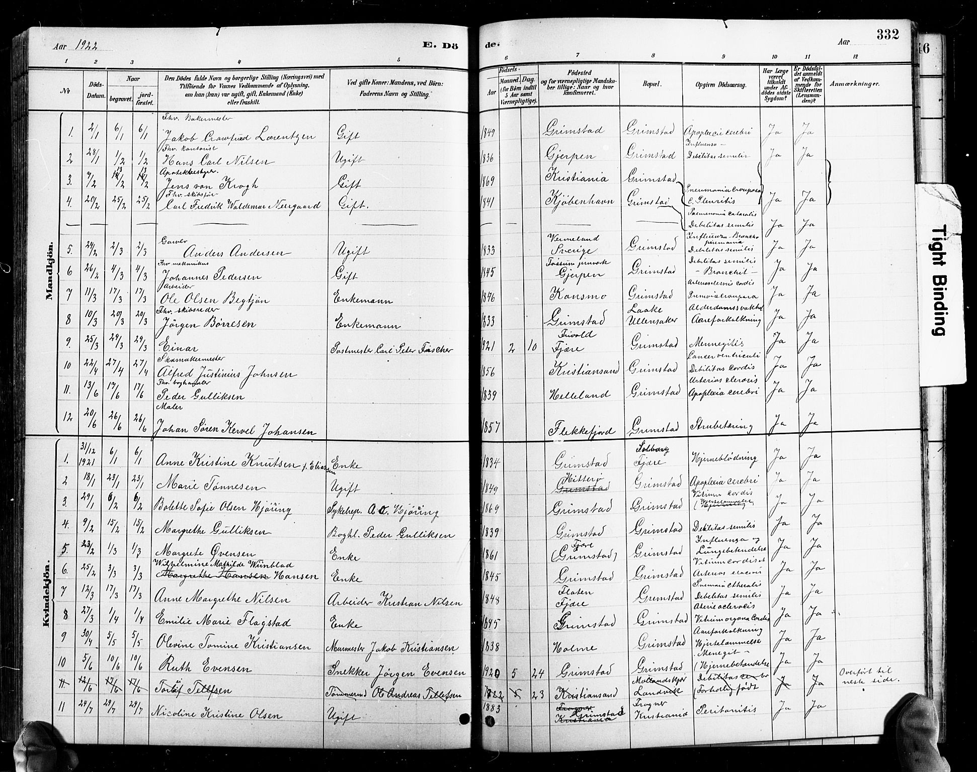 Grimstad sokneprestkontor, SAK/1111-0017/F/Fb/L0001: Parish register (copy) no. B 1, 1881-1922, p. 332