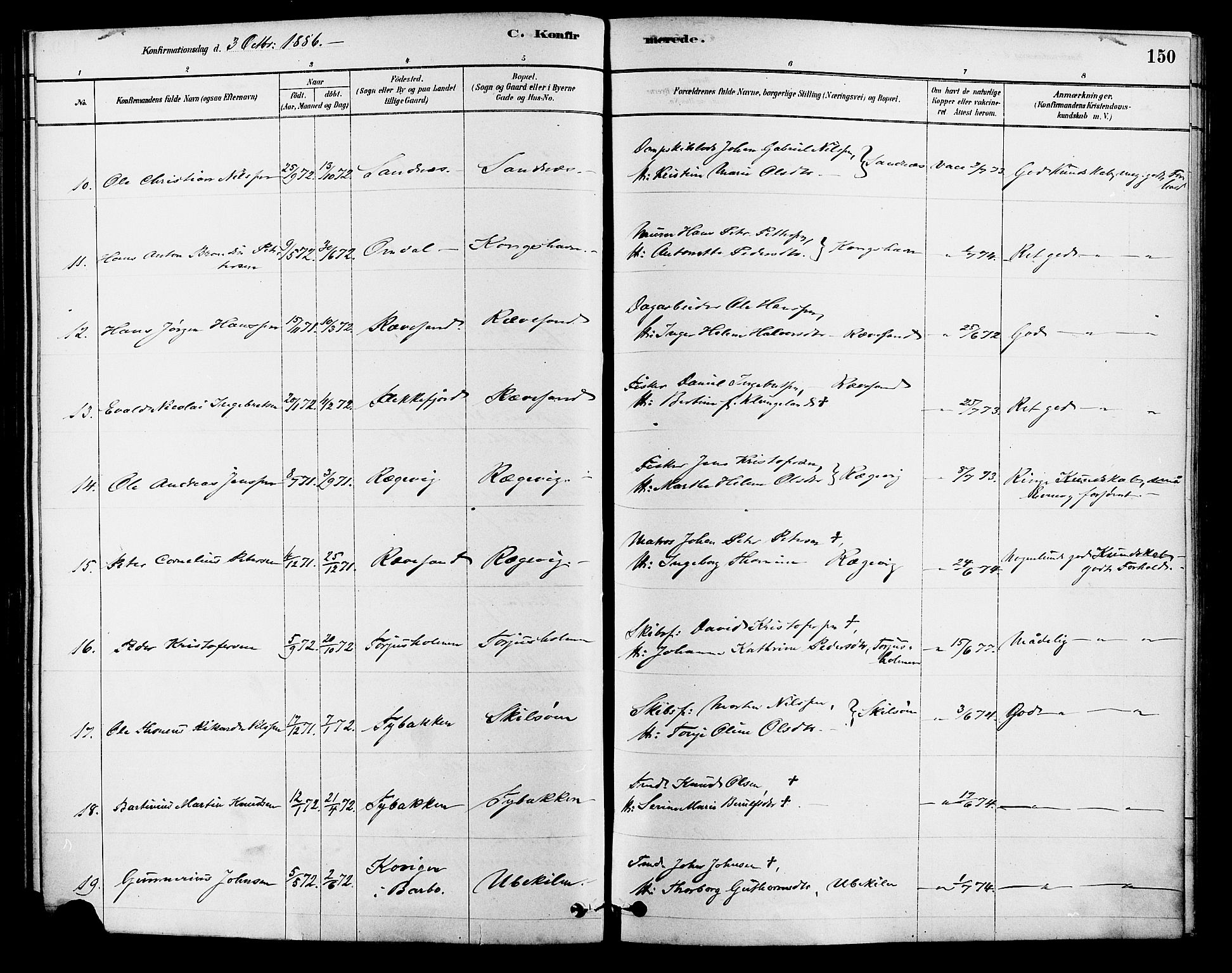 Tromøy sokneprestkontor, AV/SAK-1111-0041/F/Fa/L0009: Parish register (official) no. A 9, 1878-1896, p. 150